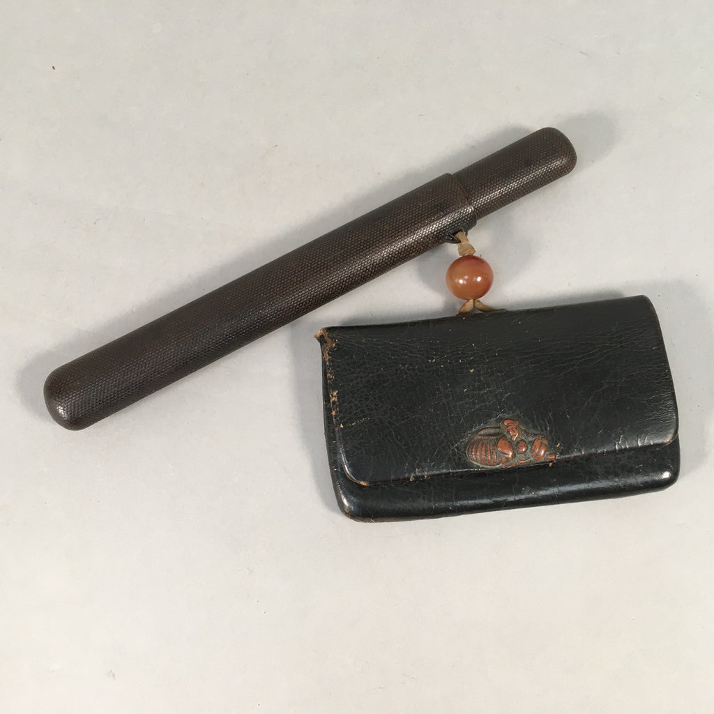 Japanese Antique Tobacco Pouch Pipe Case Jade Leather Meiji Era C1900 K123