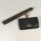 Japanese Antique Tobacco Pouch Pipe Case Jade Leather Meiji Era C1900 K123