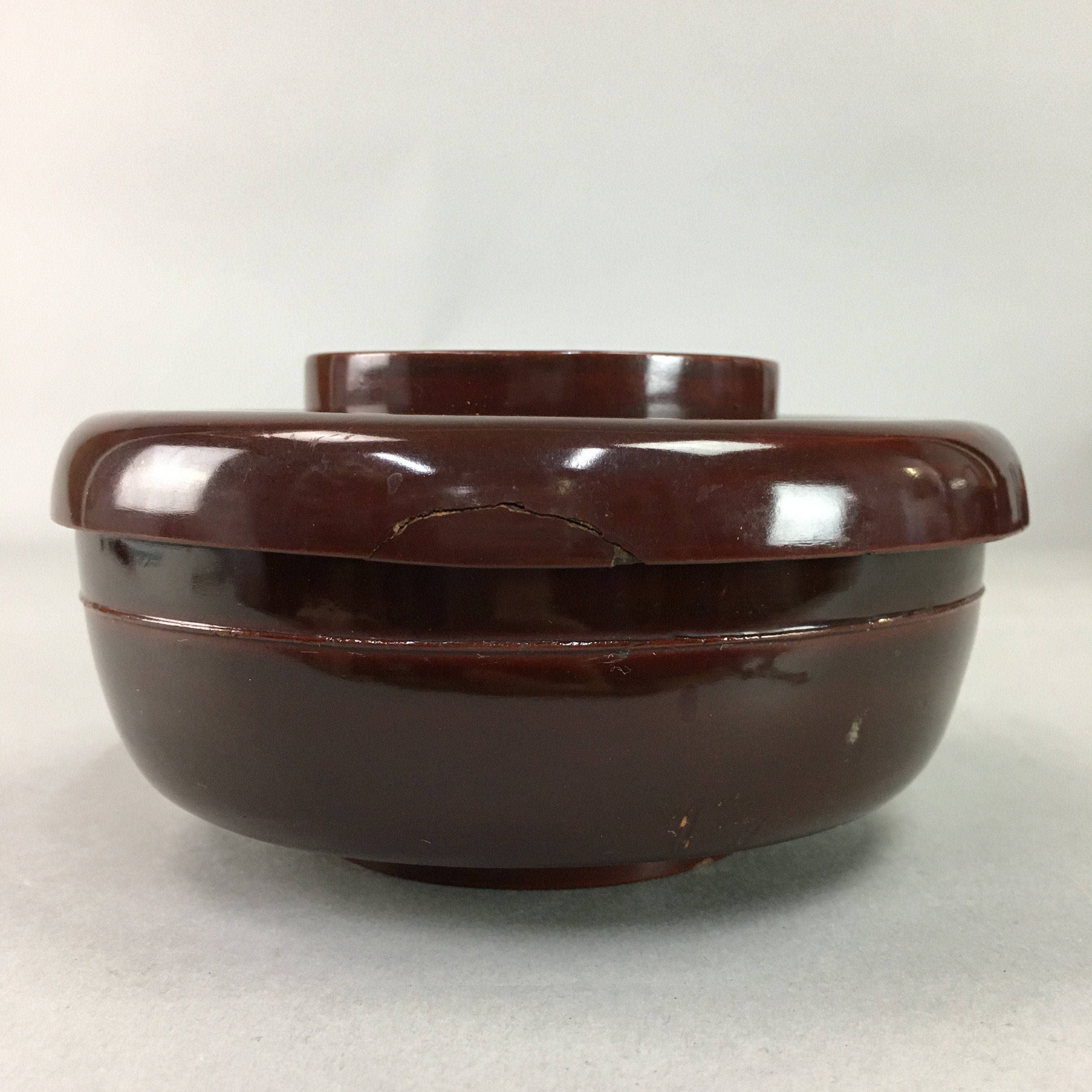 Japanese Antique Wooden Lacquer Lidded Bowl Brown Owan Soup Rice UR293