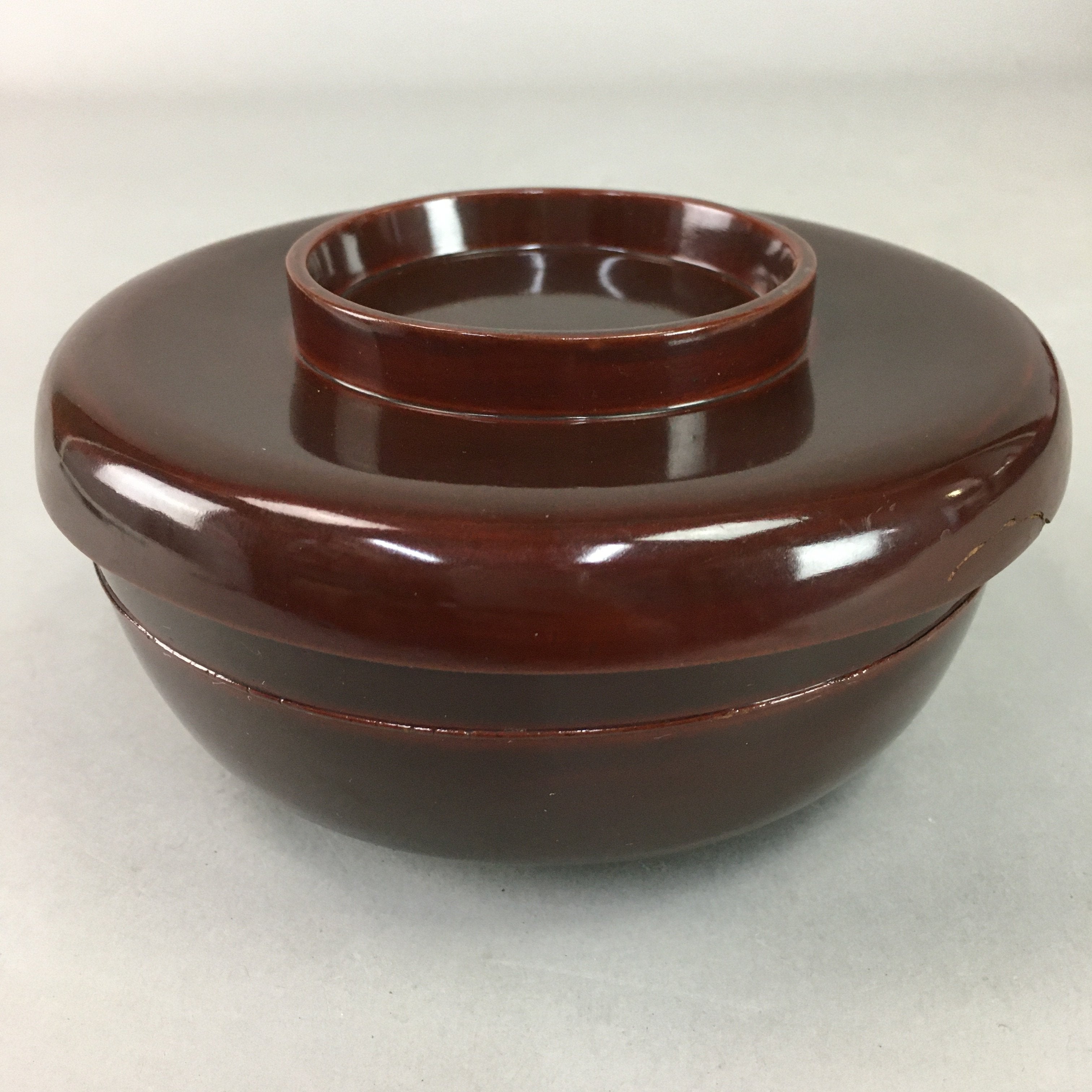 Japanese Antique Wooden Lacquer Lidded Bowl Brown Owan Soup Rice UR293
