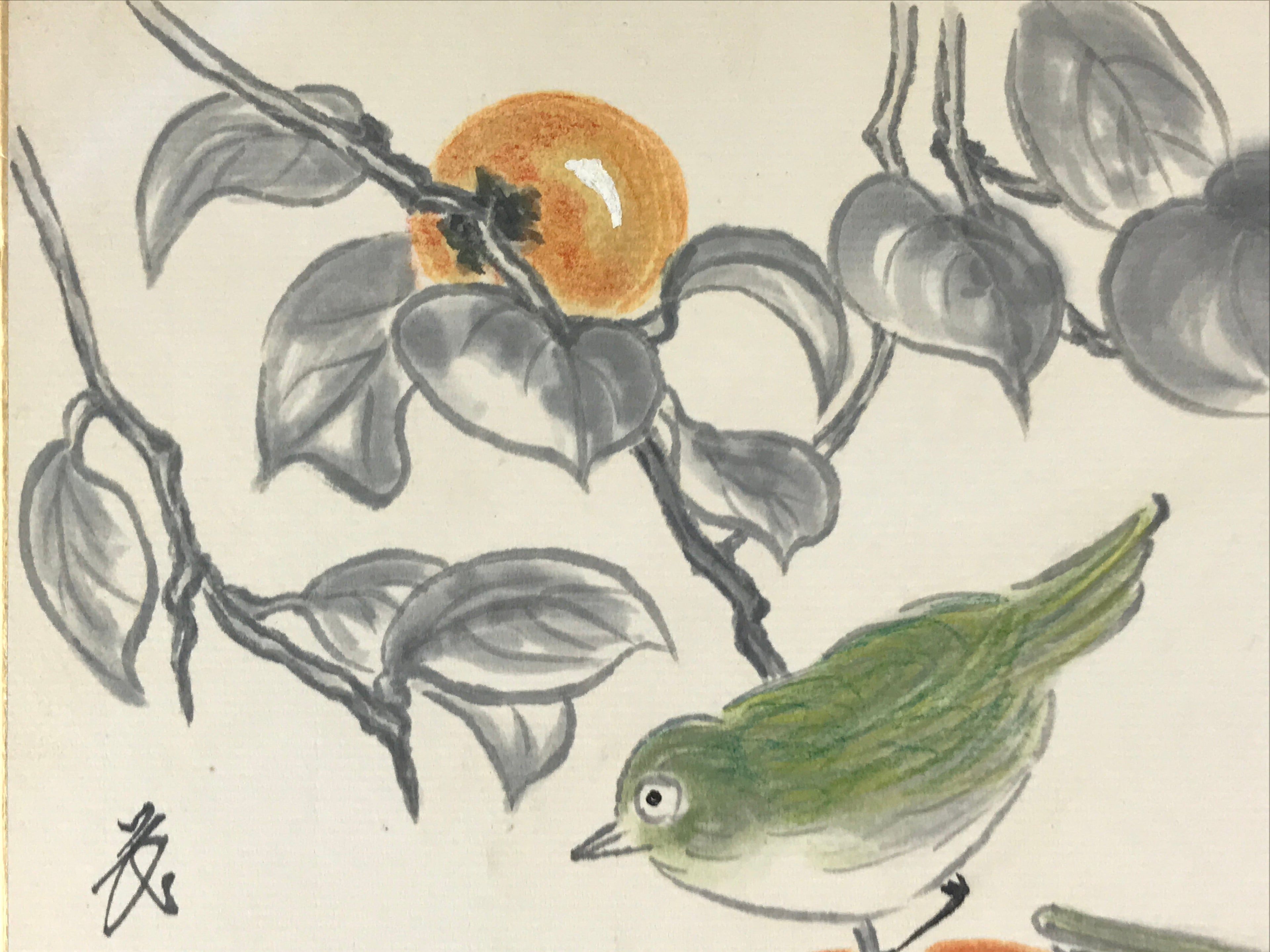 Japanese Art Board Painting Autumn Persimmon Shikishi Paper Hand Drawn A484