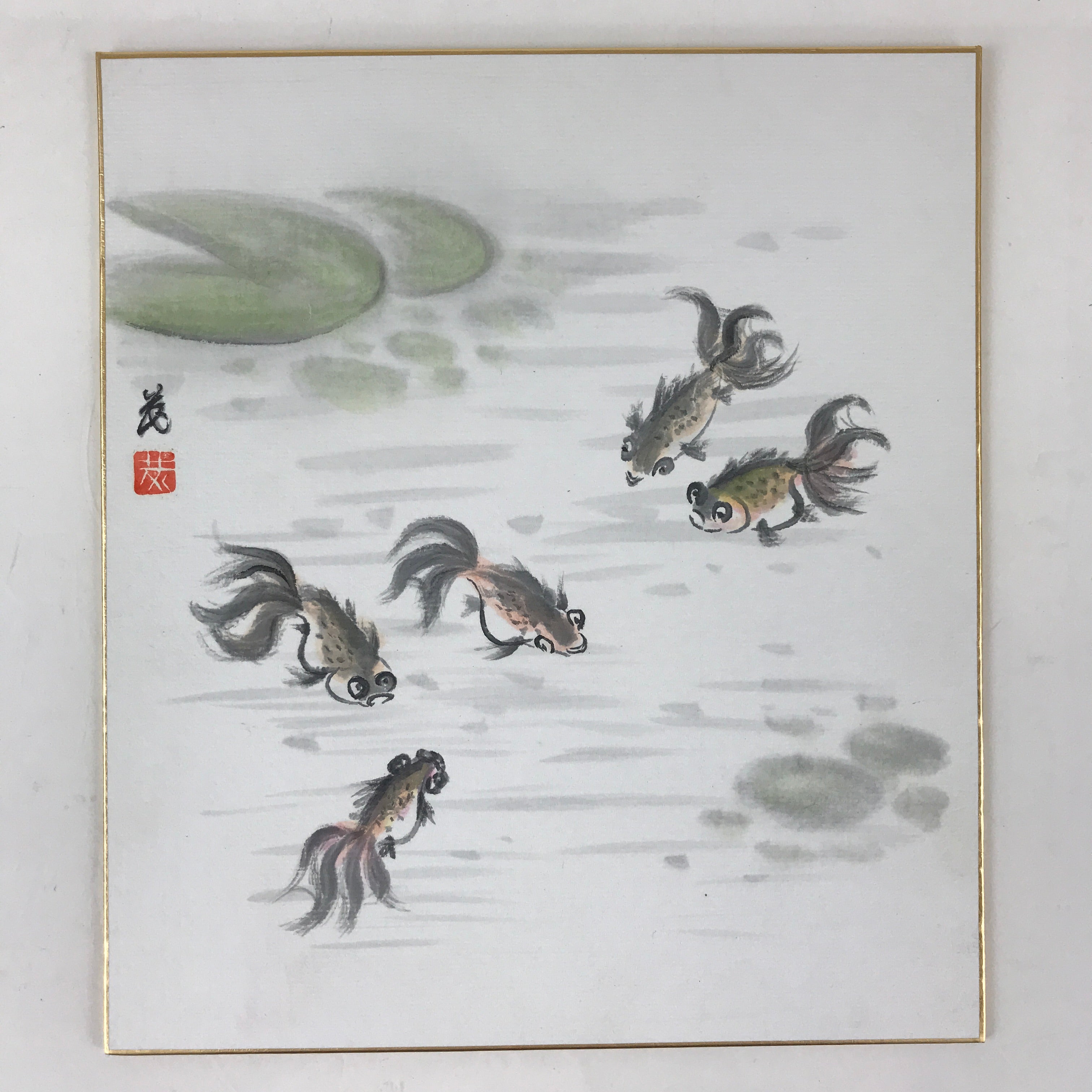 Japanese Art Board Painting Goldfish Pond Lilly Pad Shikishi Paper Signed A479