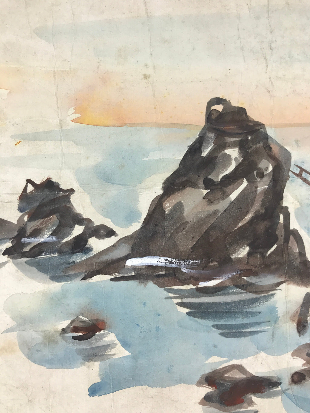 Japanese Art Board Painting Meotu-Iwa Rocks Ocean Ocean Painting SignedA486
