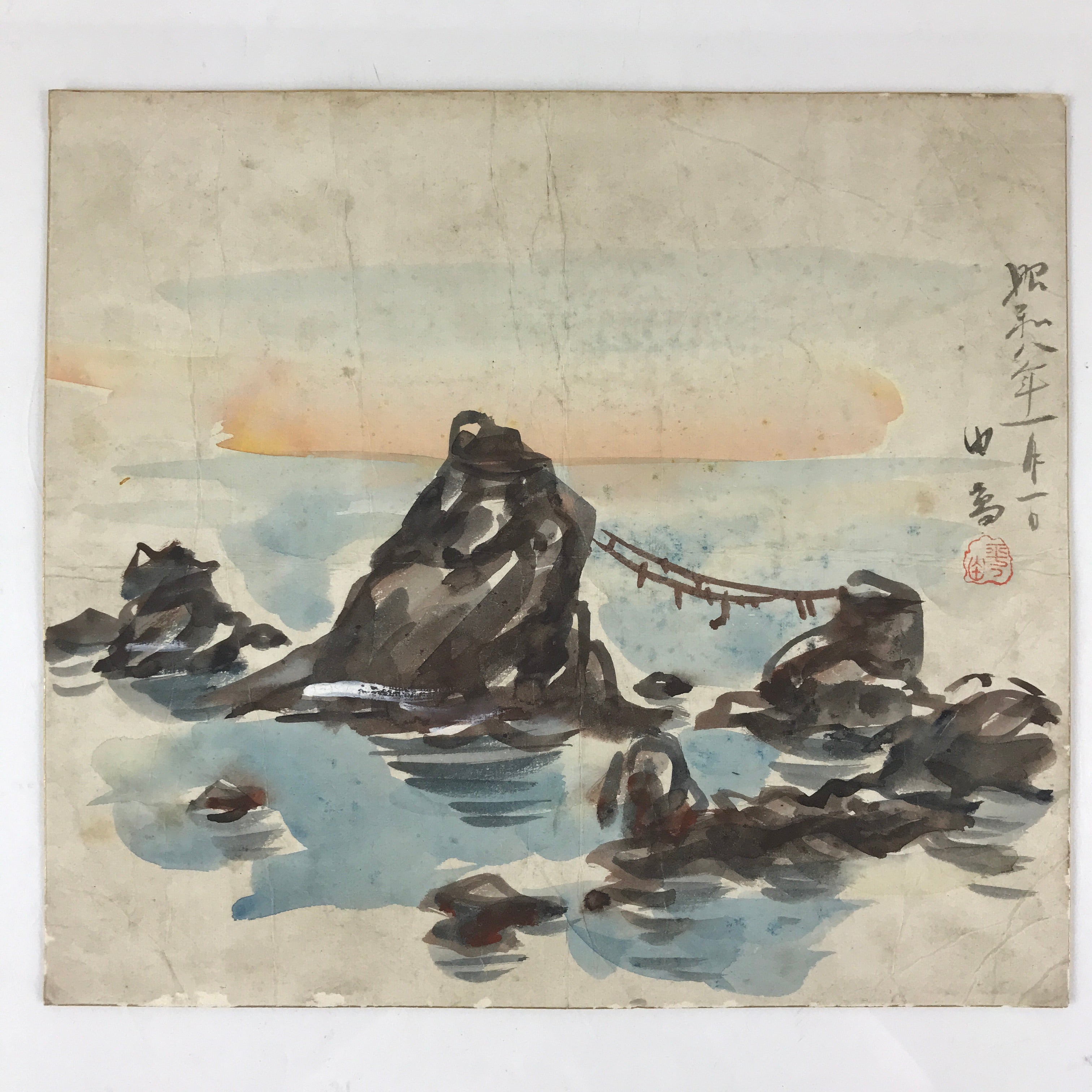 Japanese Art Board Painting Meotu-Iwa Rocks Ocean Ocean Painting SignedA486