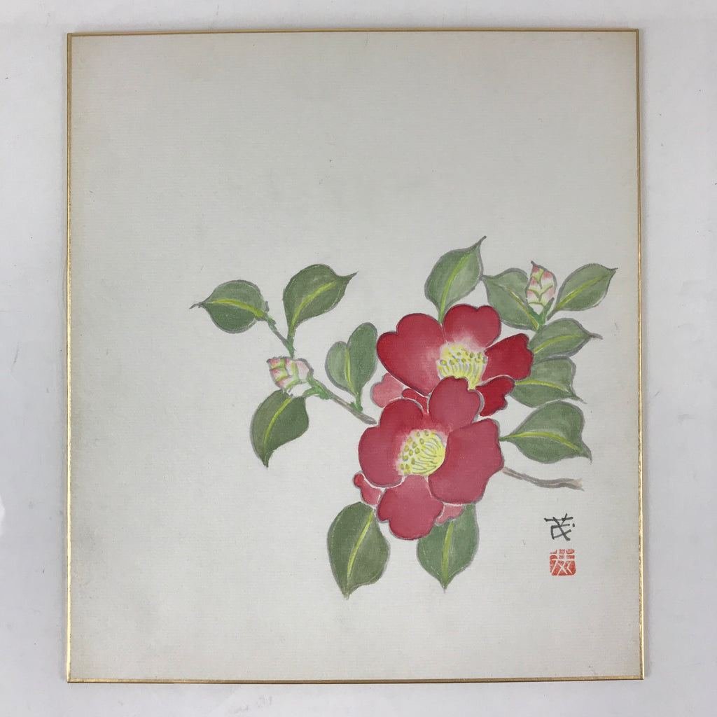 Japanese Art Board Painting Pink Camellia Flower Shikishi Paper Signed A480