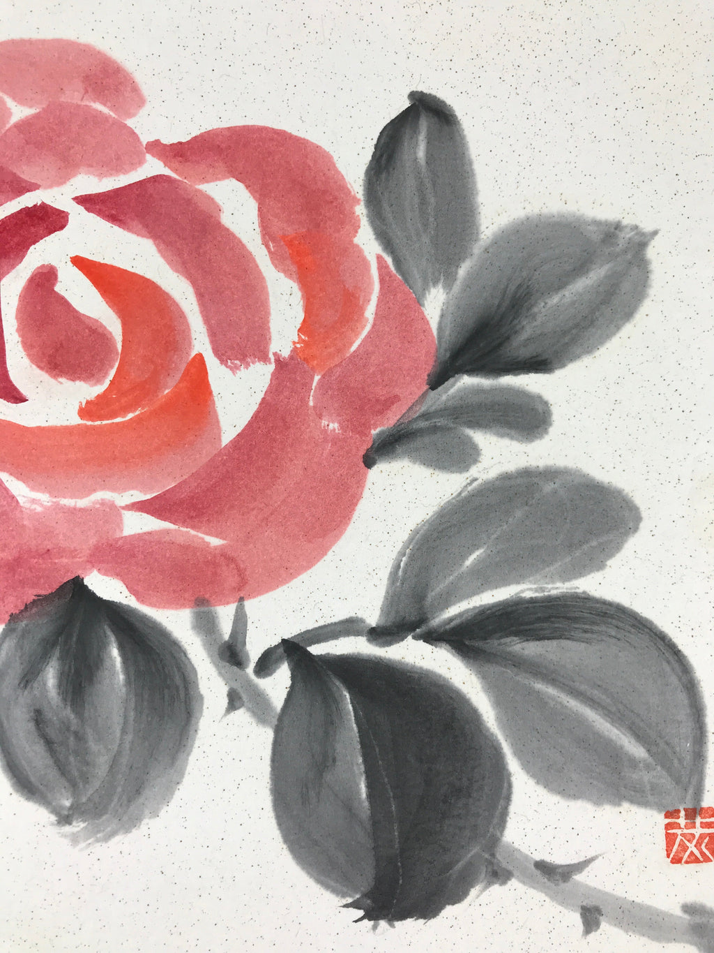 Japanese Art Board Painting Red Rose Vtg Hand Painted SigneShikishi Paper A481