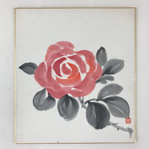 Japanese Art Board Painting Red Rose Vtg Hand Painted SigneShikishi Paper A481