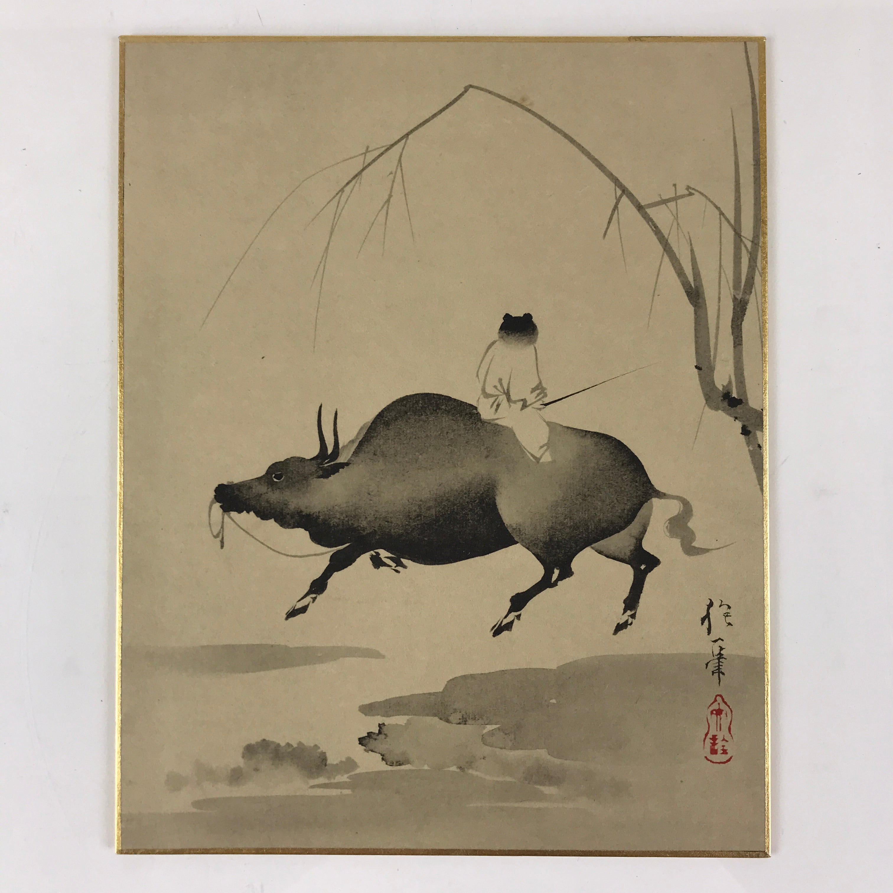 Japanese Art Board Painting Reproduction Bull Riding Vtg Shikishi Cow Signed A49