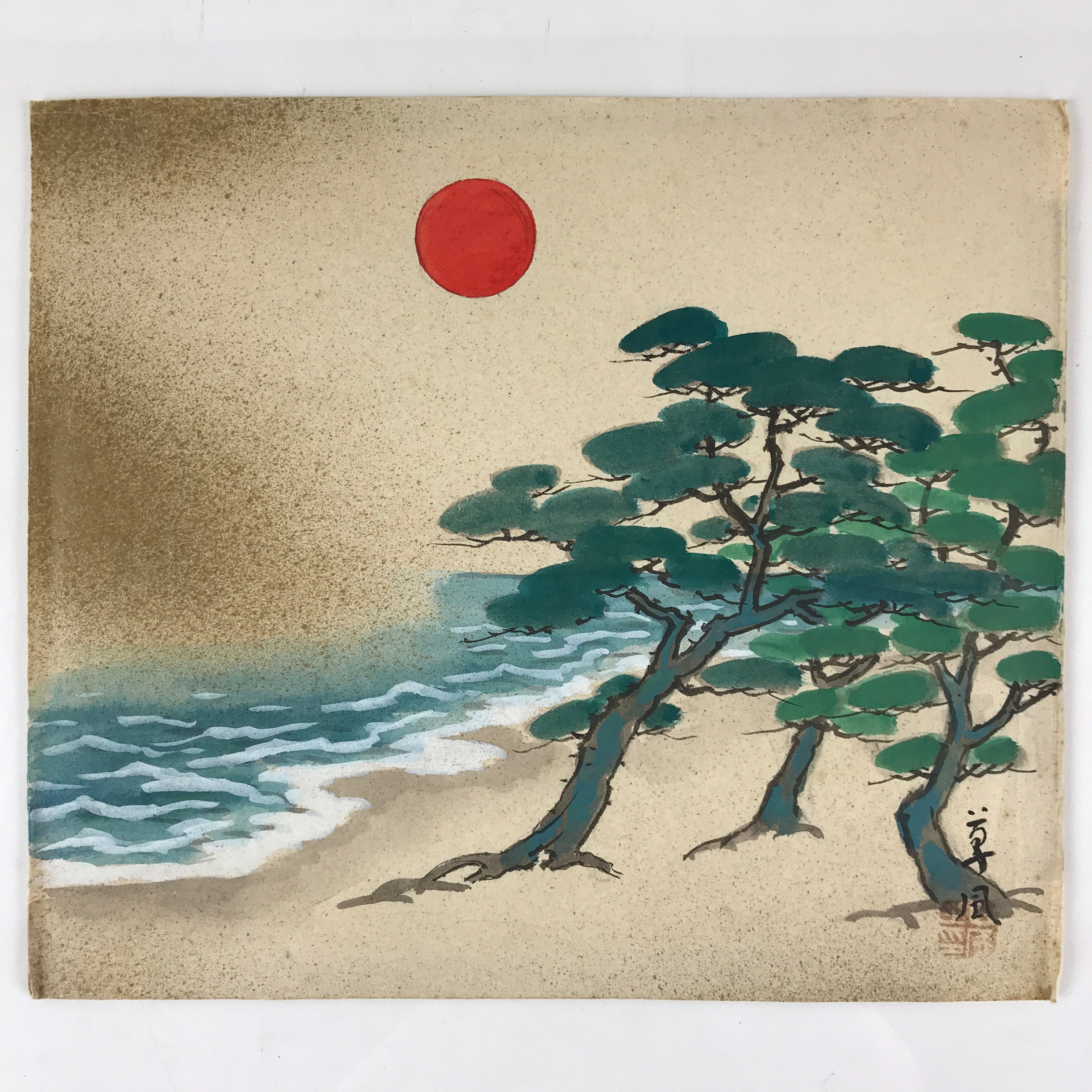 Japanese Art Board Painting Rising Sun Pine Tree Beach Paper Hand