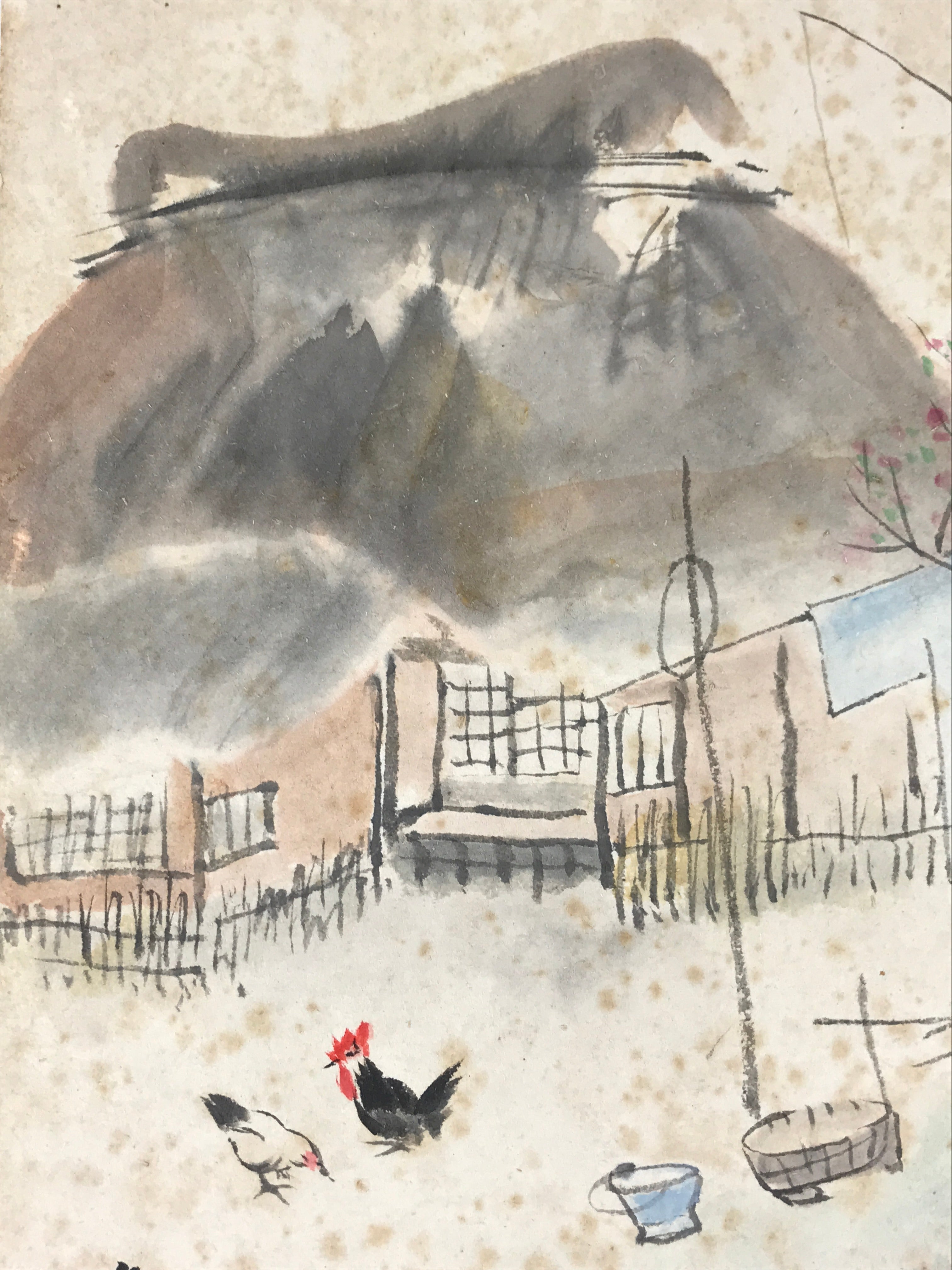 Japanese Art Board Painting Rural Village Chickens Shikishi Paper Hand Painted A