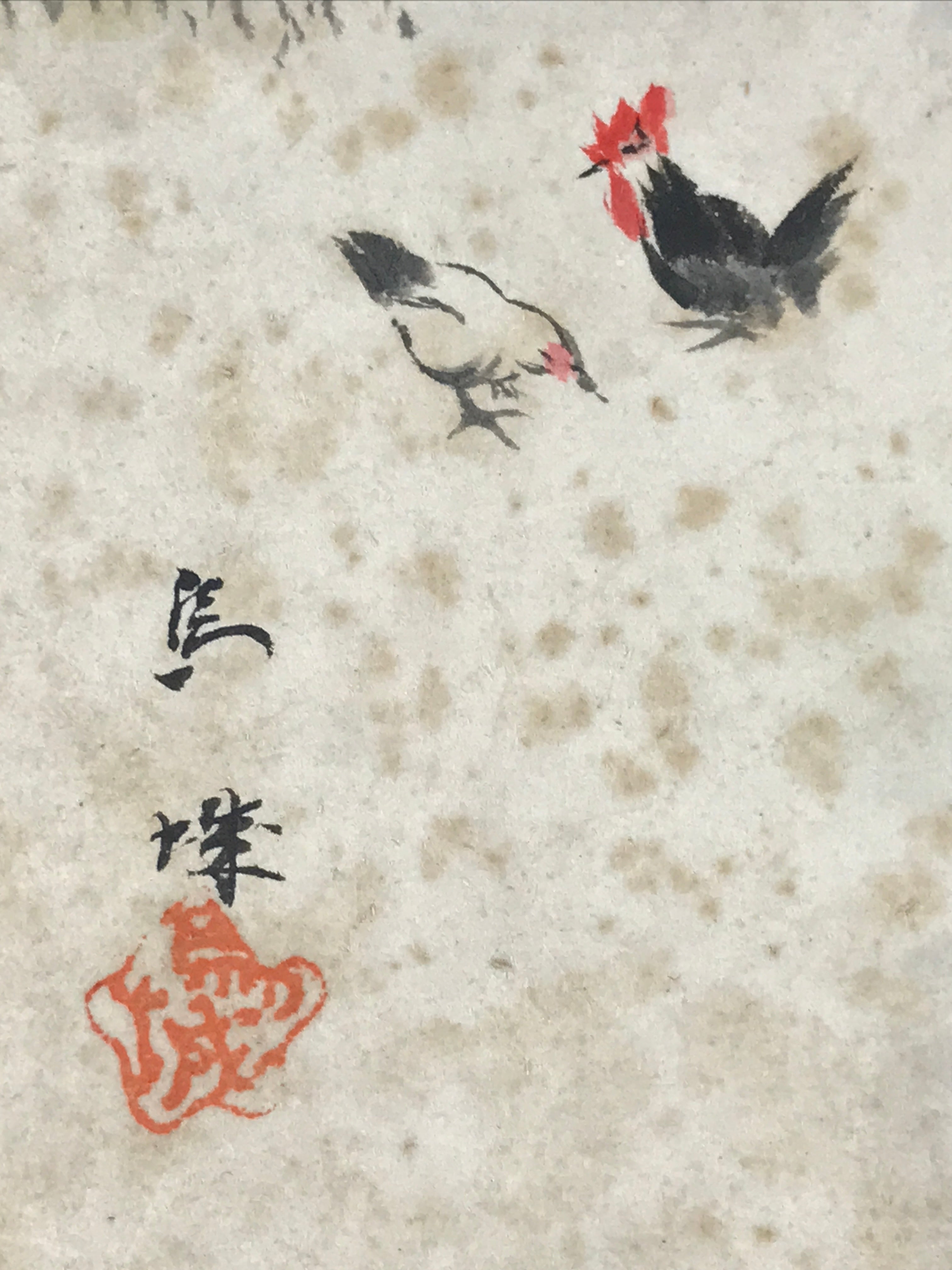 Japanese Art Board Painting Rural Village Chickens Shikishi Paper Hand Painted A