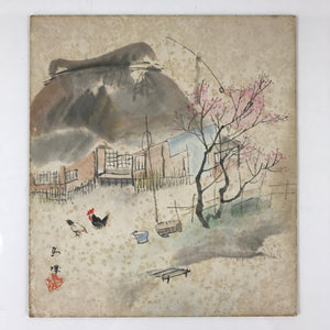 Japanese Art Board Painting Rural Village Chickens Shikishi Paper Hand Painted A