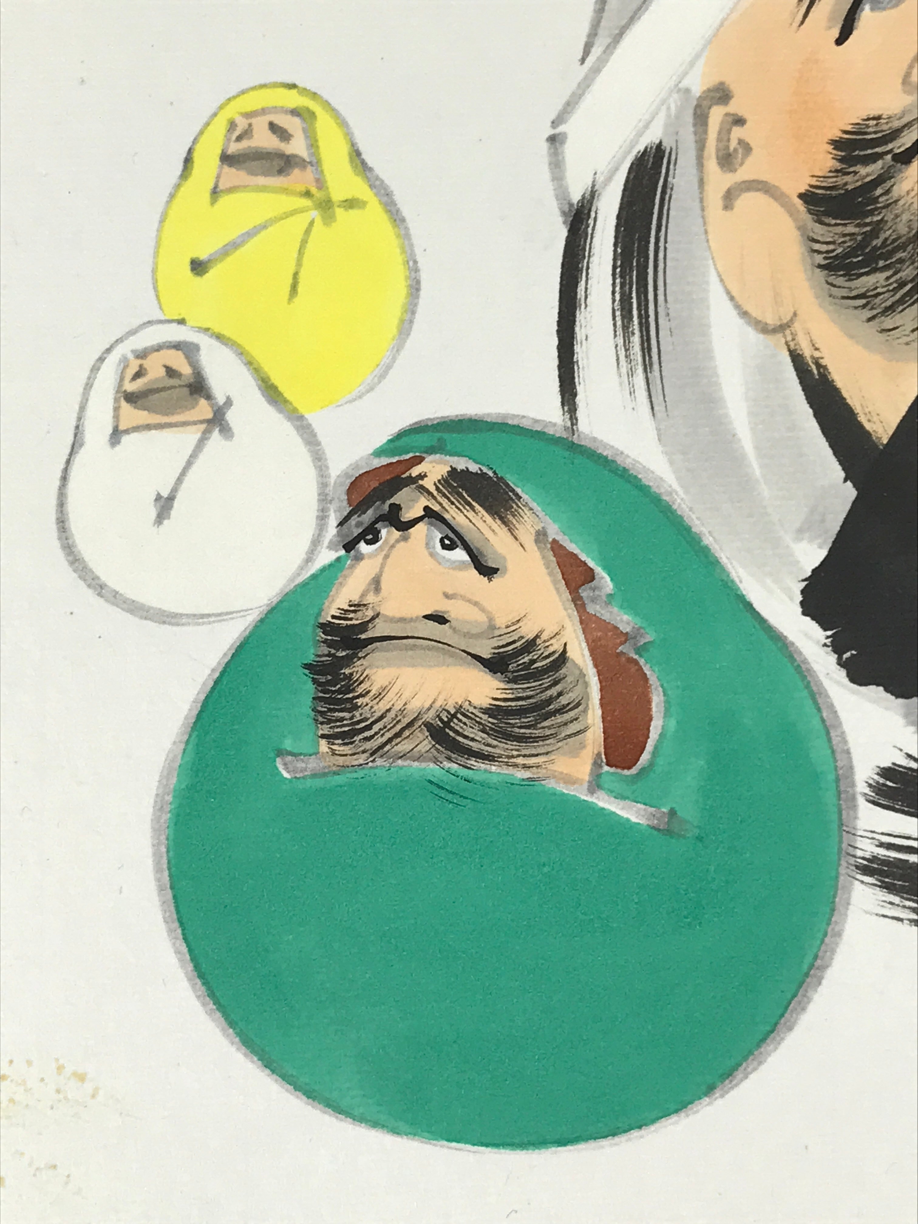Japanese Art Board Painting Shikishi Paper Daruma Lucky Charm Signed A475