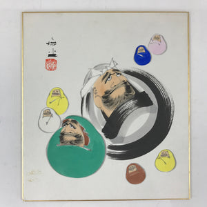 Japanese Art Board Painting Shikishi Paper Daruma Lucky Charm Signed A475