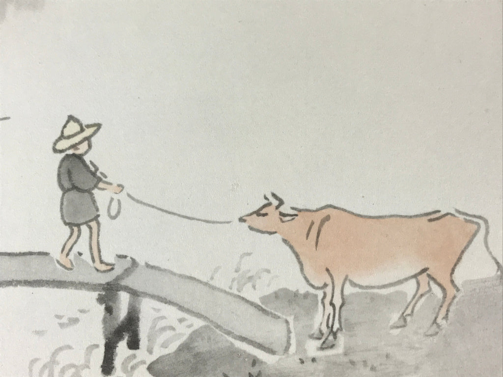Japanese Art Board Painting Shikishi Paper Hand Painted Picture Cow River A474