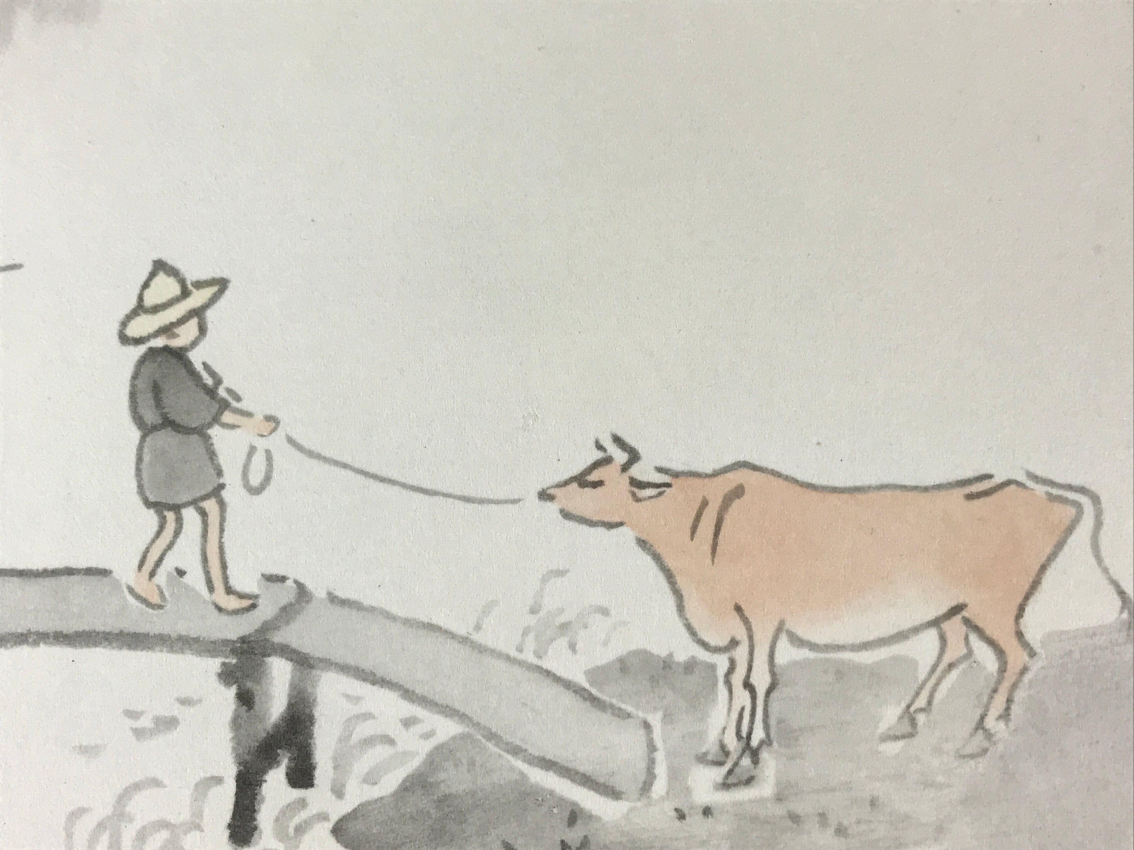 Japanese Art Board Painting Shikishi Paper Hand Painted Picture Cow River A474