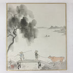 Japanese Art Board Painting Shikishi Paper Hand Painted Picture Cow River A474