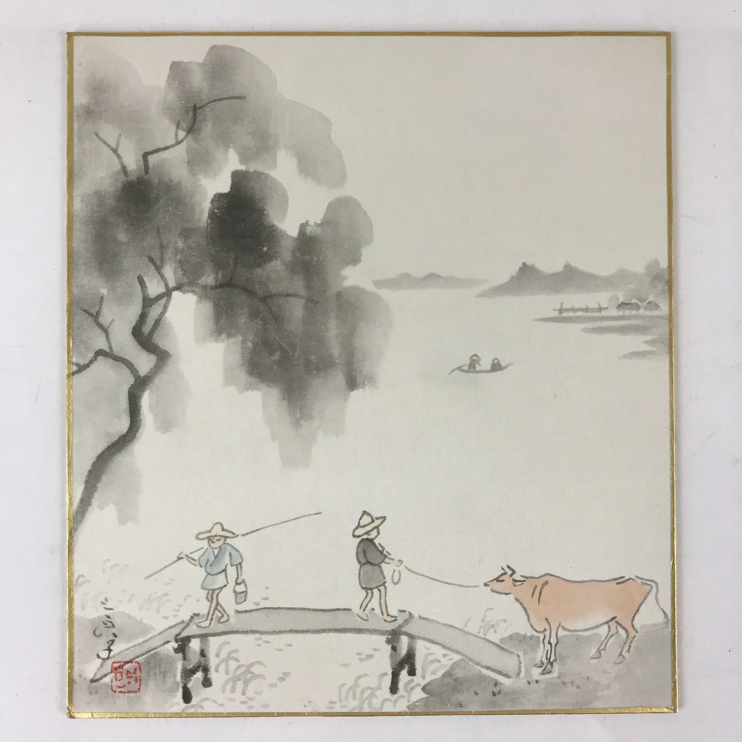 Japanese Art Board Painting Shikishi Paper Hand Painted Picture Cow River A474