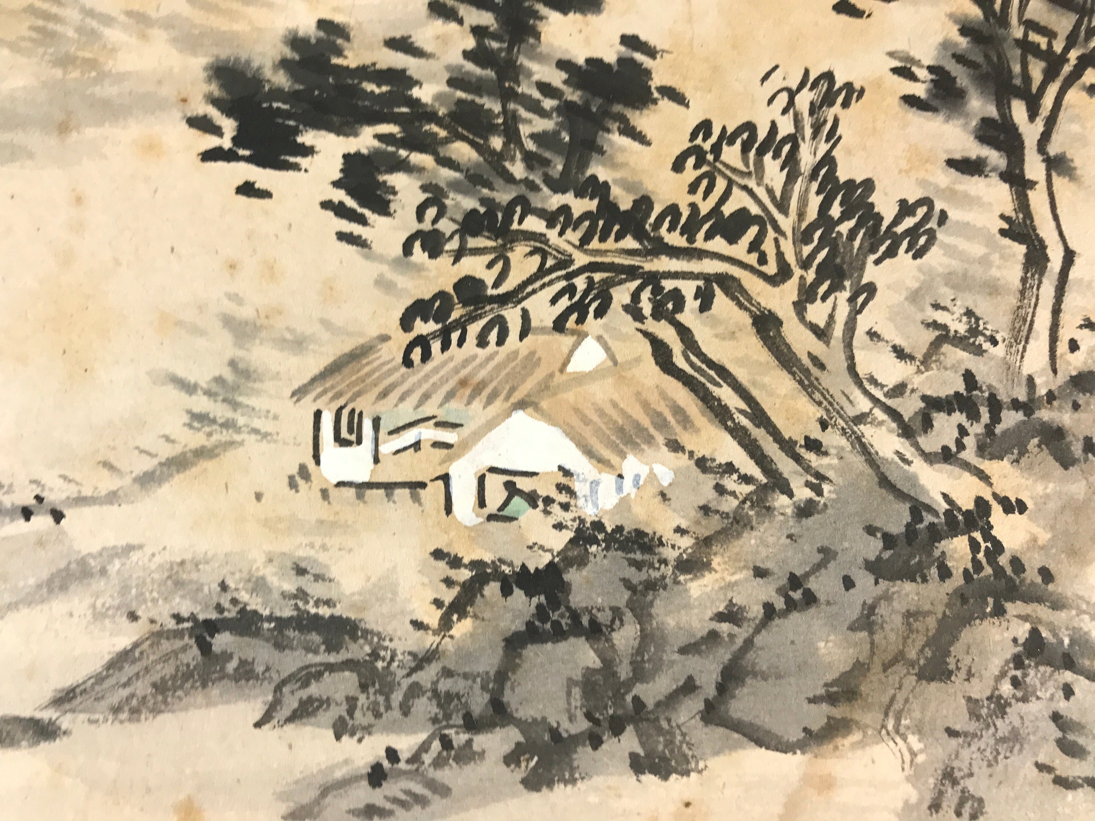 Japanese Art Board Painting Shikishi Paper Mountain Village Signed A472