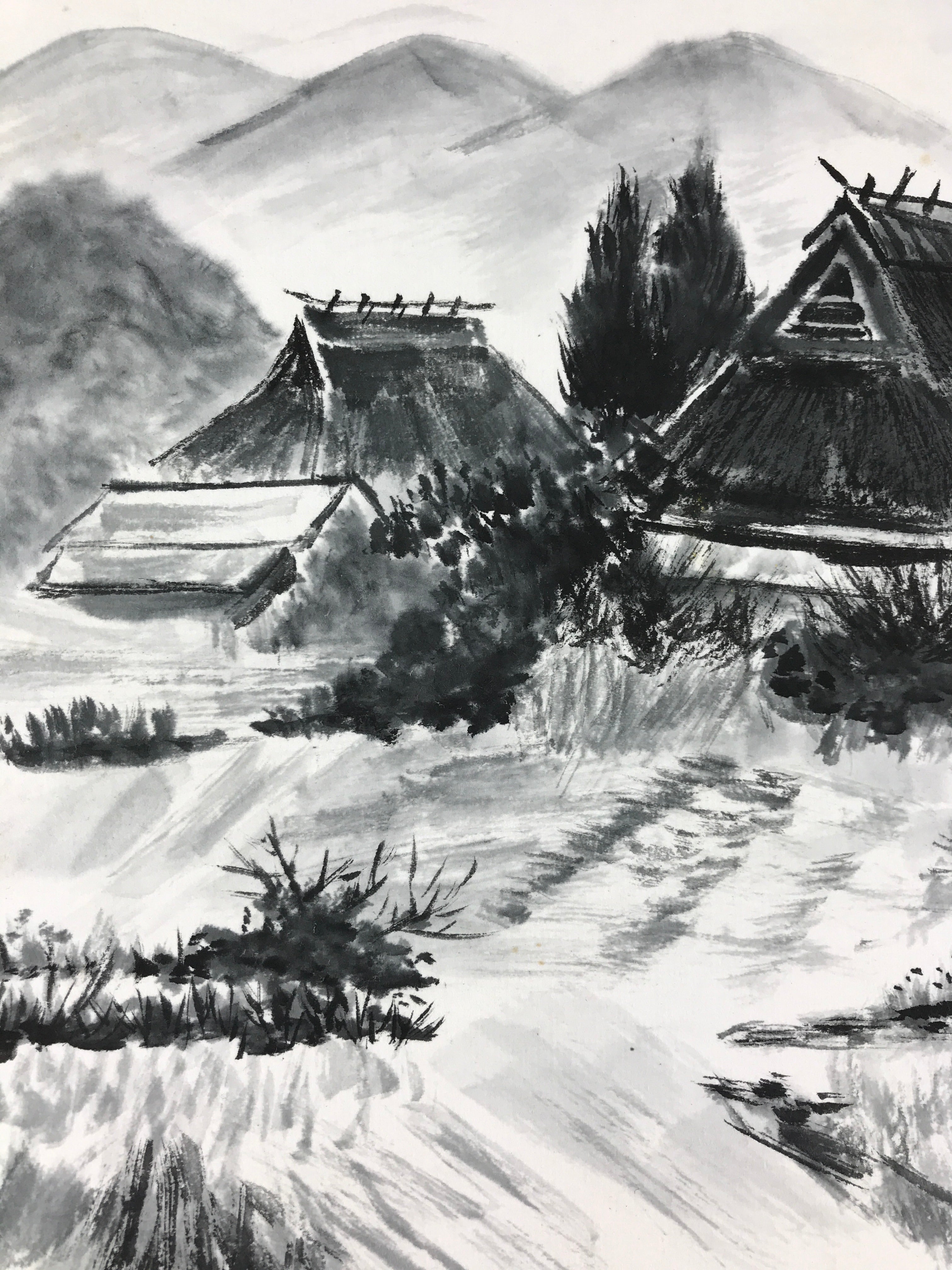 Japanese Art Board Painting Thatched Roof House Countryside Shikishi Paper A495