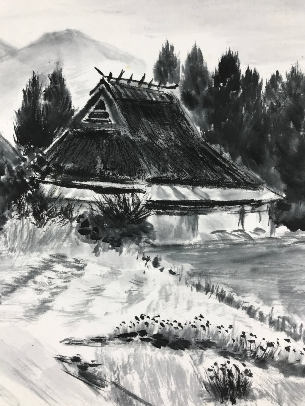 Japanese Art Board Painting Thatched Roof House Countryside Shikishi Paper A495