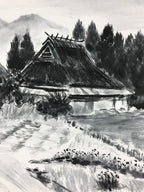 Japanese Art Board Painting Thatched Roof House Countryside Shikishi Paper A495