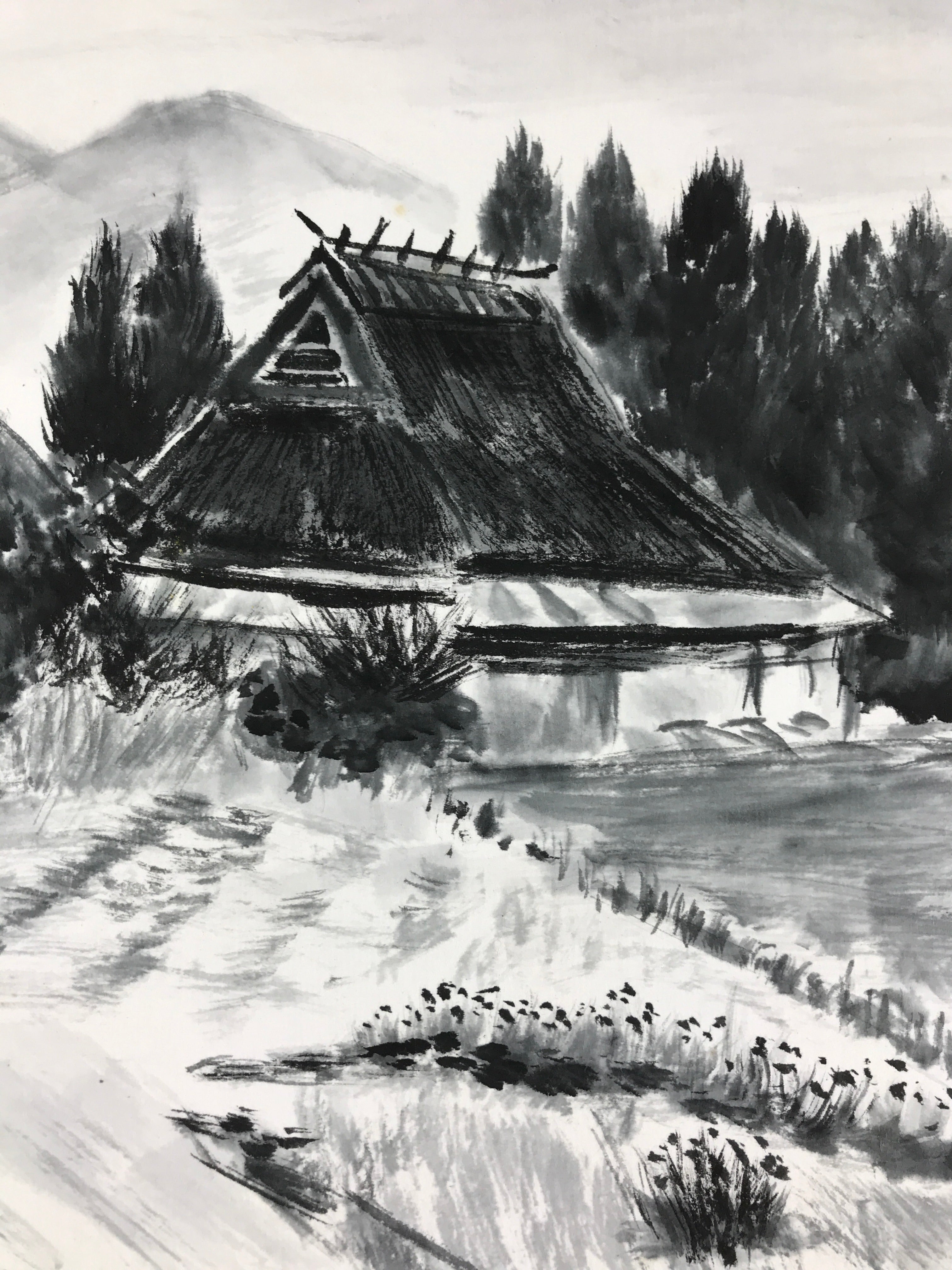 Japanese Art Board Painting Thatched Roof House Countryside Shikishi Paper A495