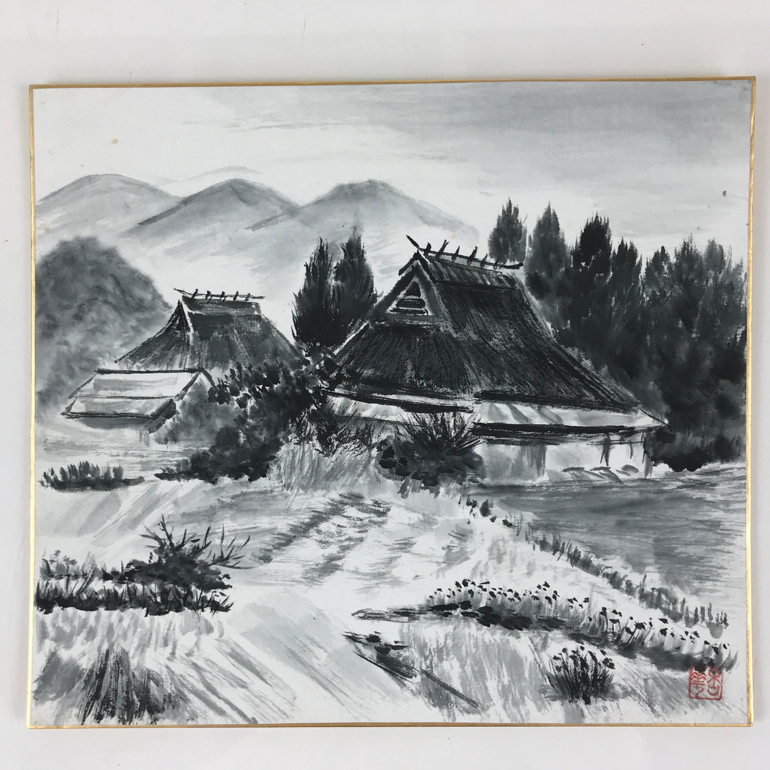 Japanese Art Board Painting Thatched Roof House Countryside Shikishi Paper A495