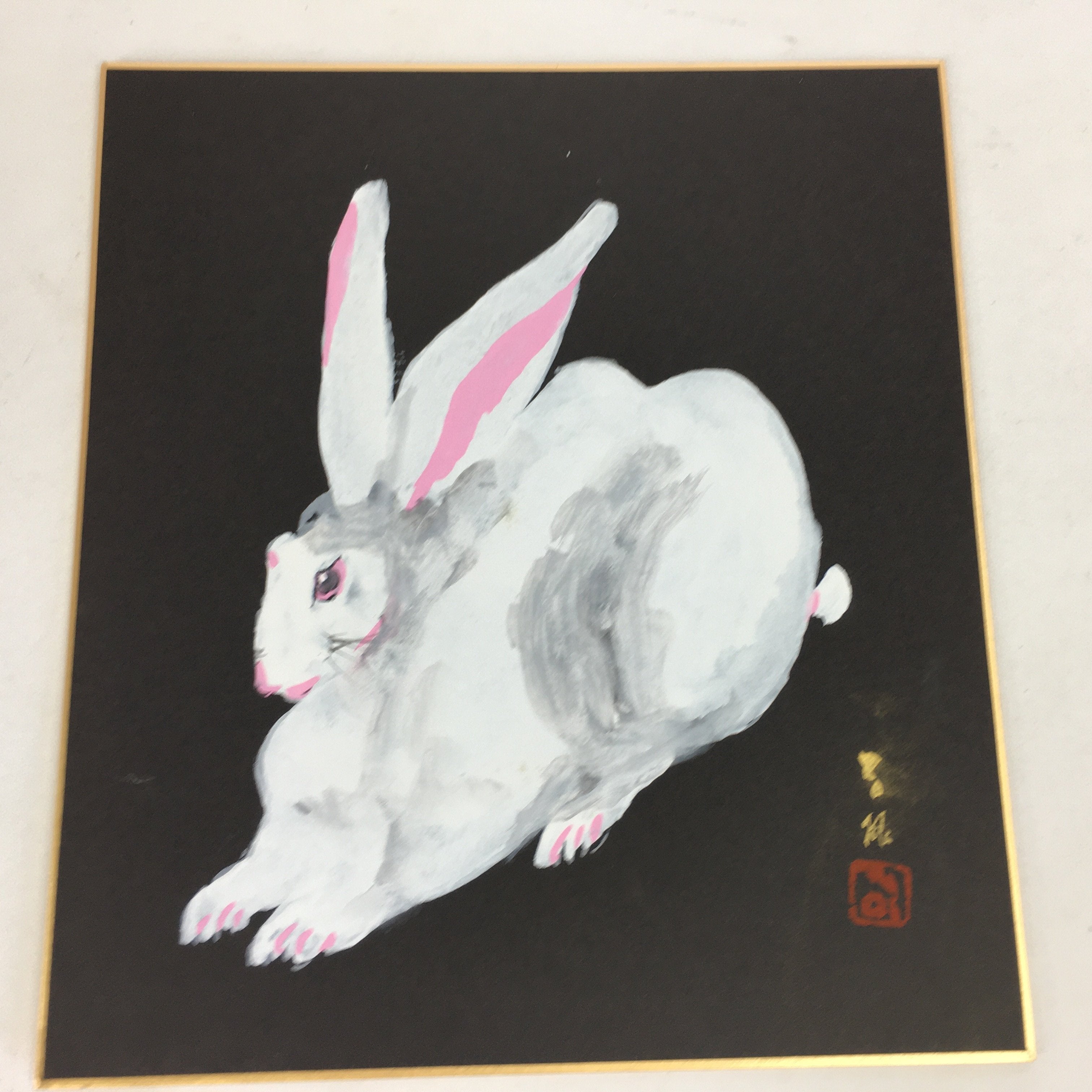 Japanese Art Board Vtg Black Shikishi Paper Zodiac Symbol Rabbit White Usagi A34