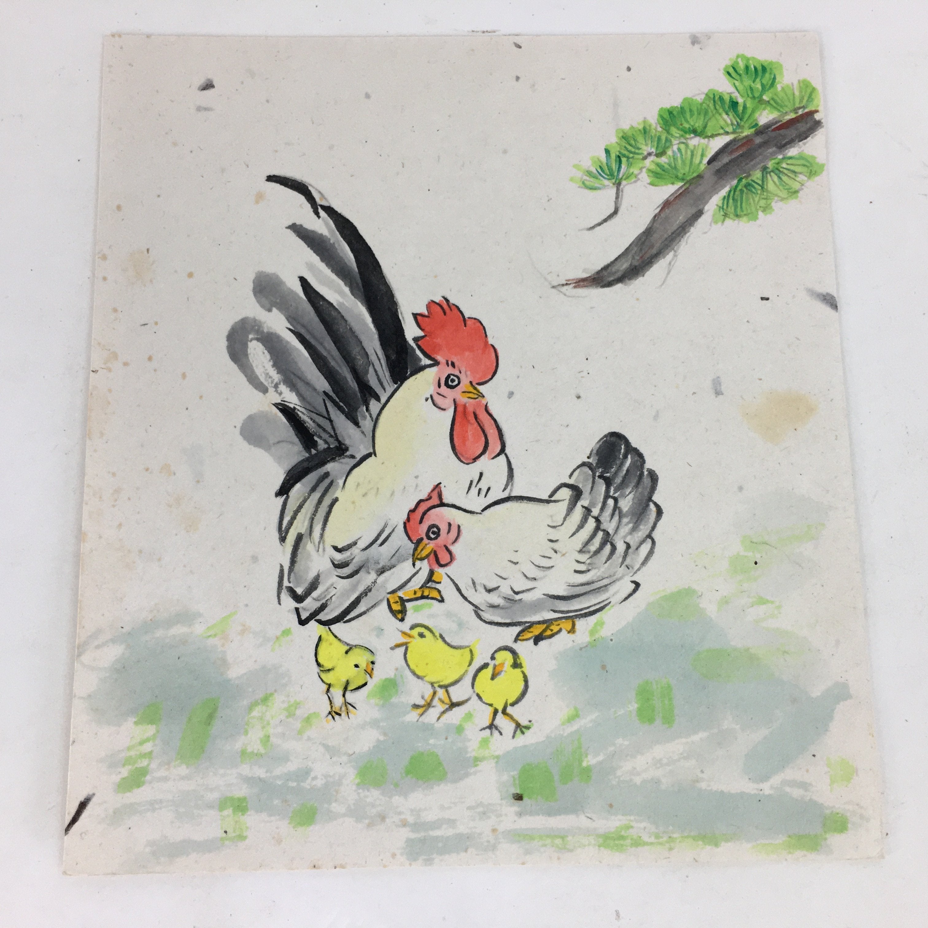 Japanese Art Board Vtg Drawing Paper Hand Drawn Picture Chicken Family A332