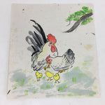 Japanese Art Board Vtg Drawing Paper Hand Drawn Picture Chicken Family A332