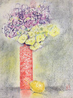 Japanese Art Board Vtg Hand Drawn Picture Flower Vase Lemon A423