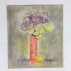 Japanese Art Board Vtg Hand Drawn Picture Flower Vase Lemon A423