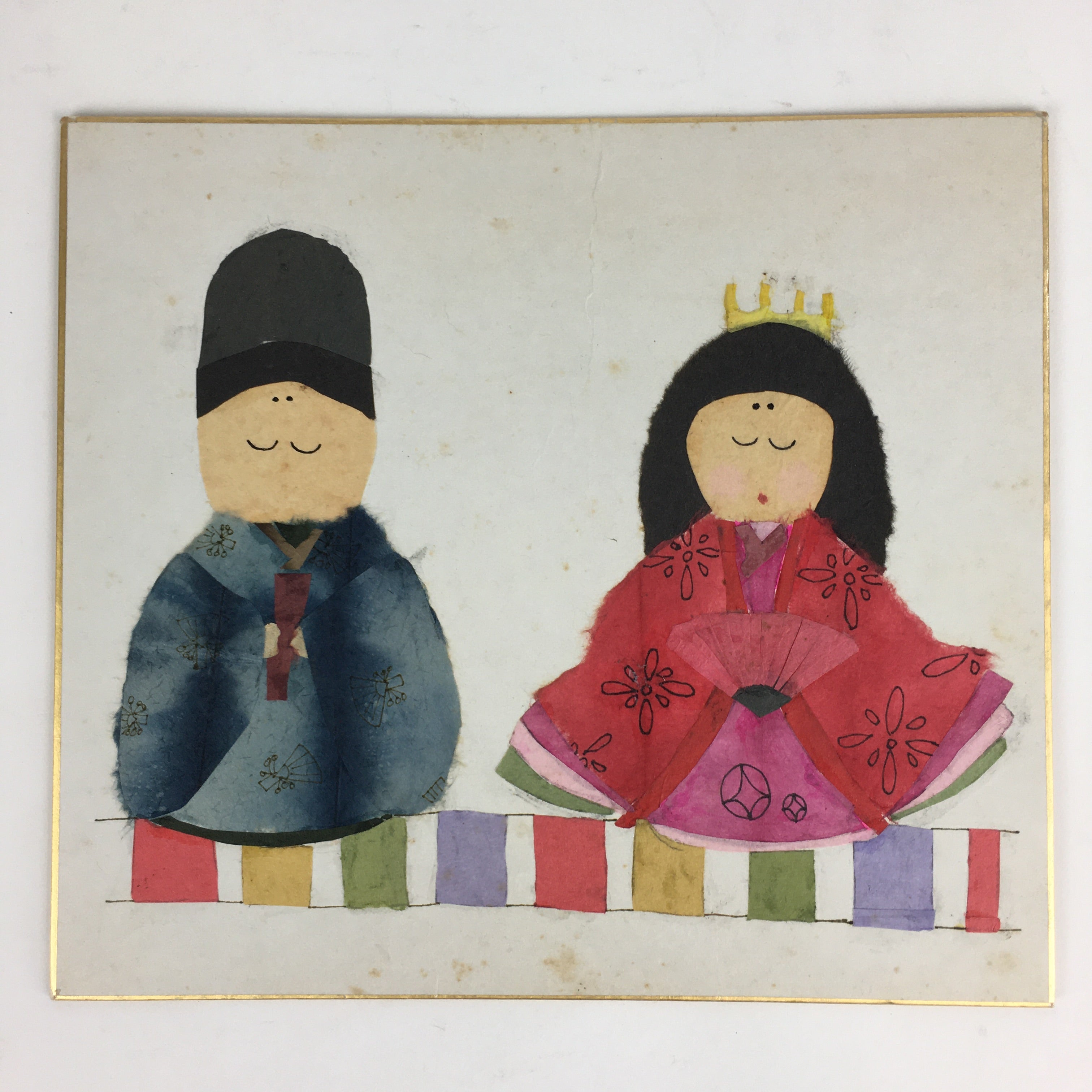 Japanese Art Board Vtg Shikishi Paper Chigiri-e Picture Hina dolls A434
