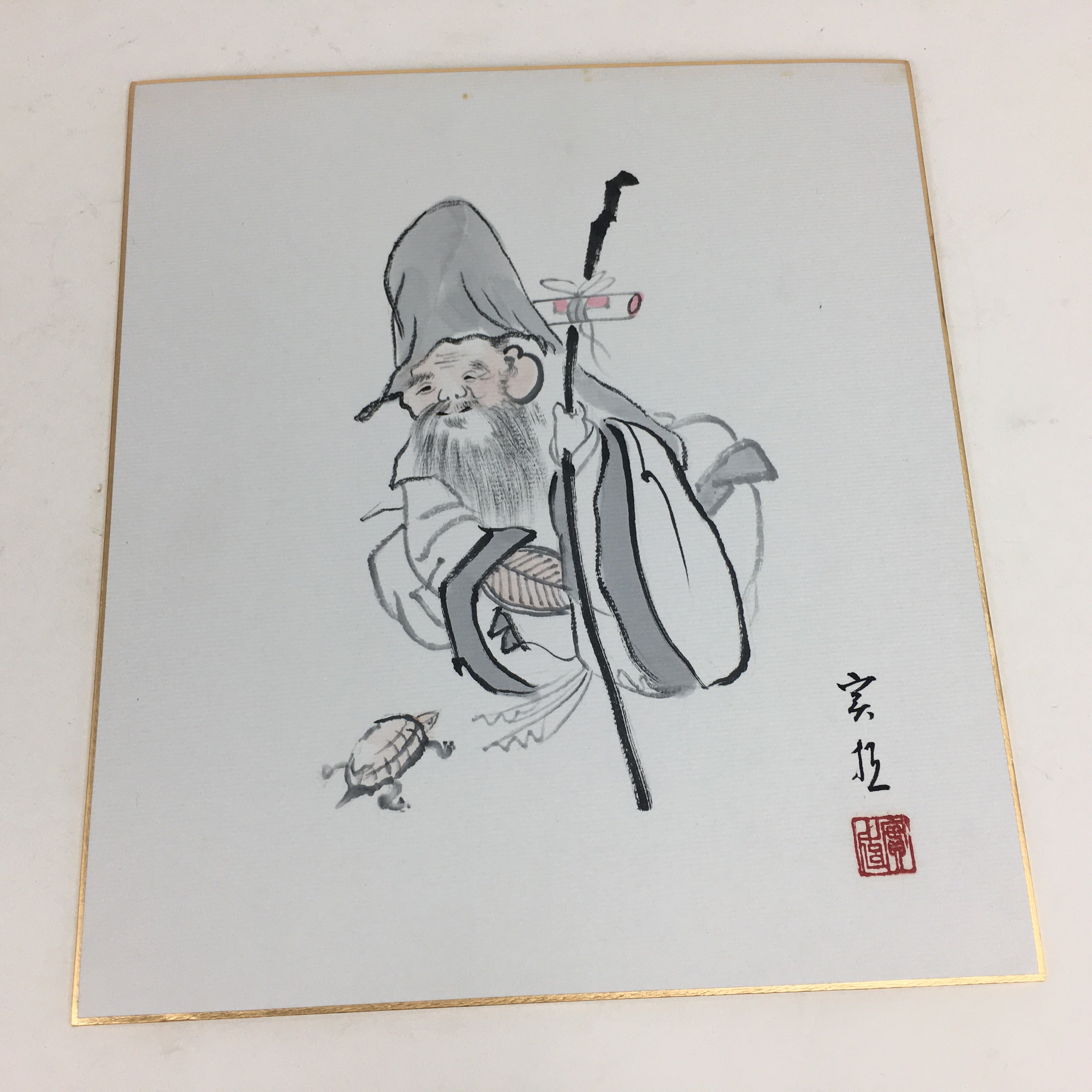 Japanese Art Board Vtg Shikishi Paper Hand Drawn Picture 7 Lucky Gods A376