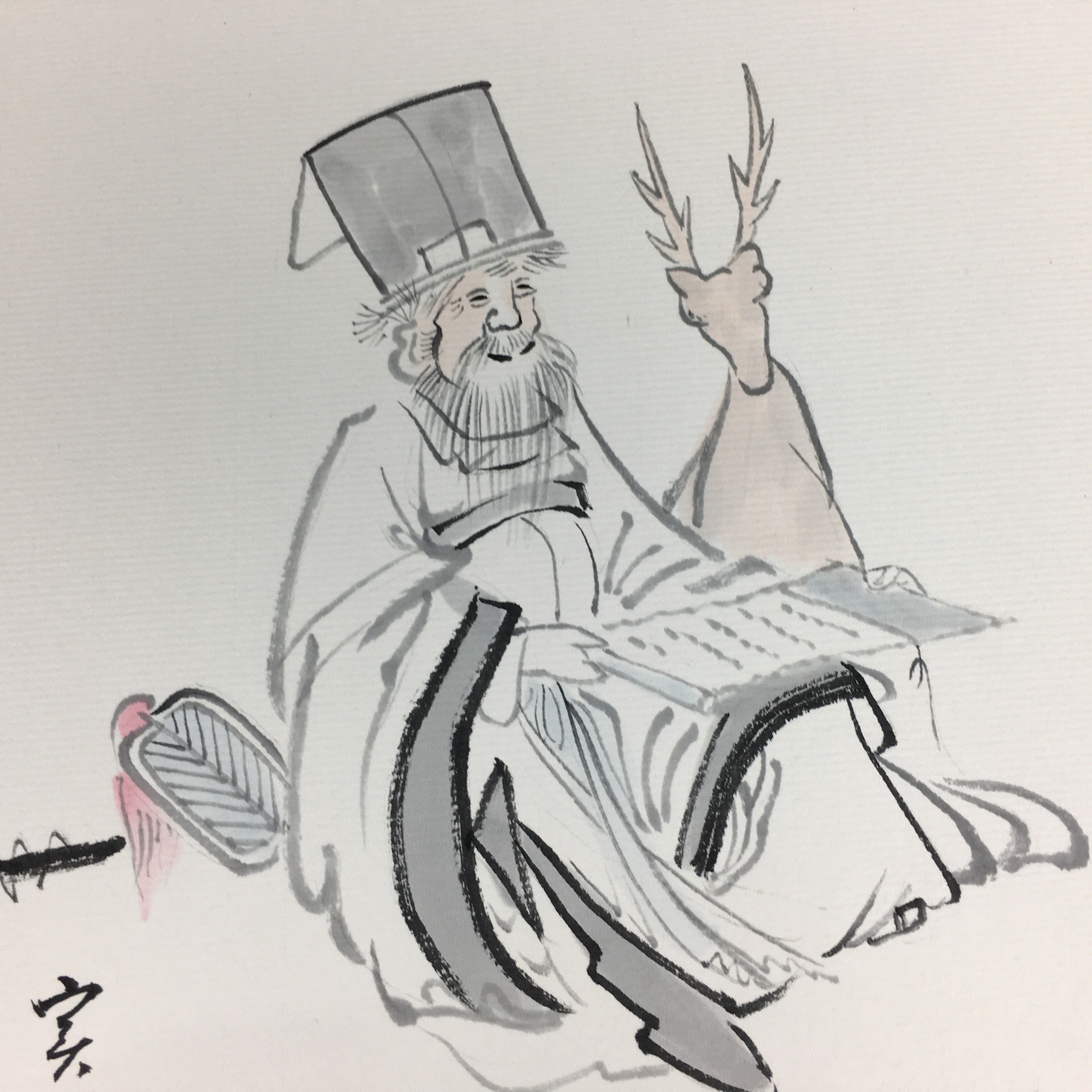 Japanese Art Board Vtg Shikishi Paper Hand Drawn Picture 7 Lucky Gods A377
