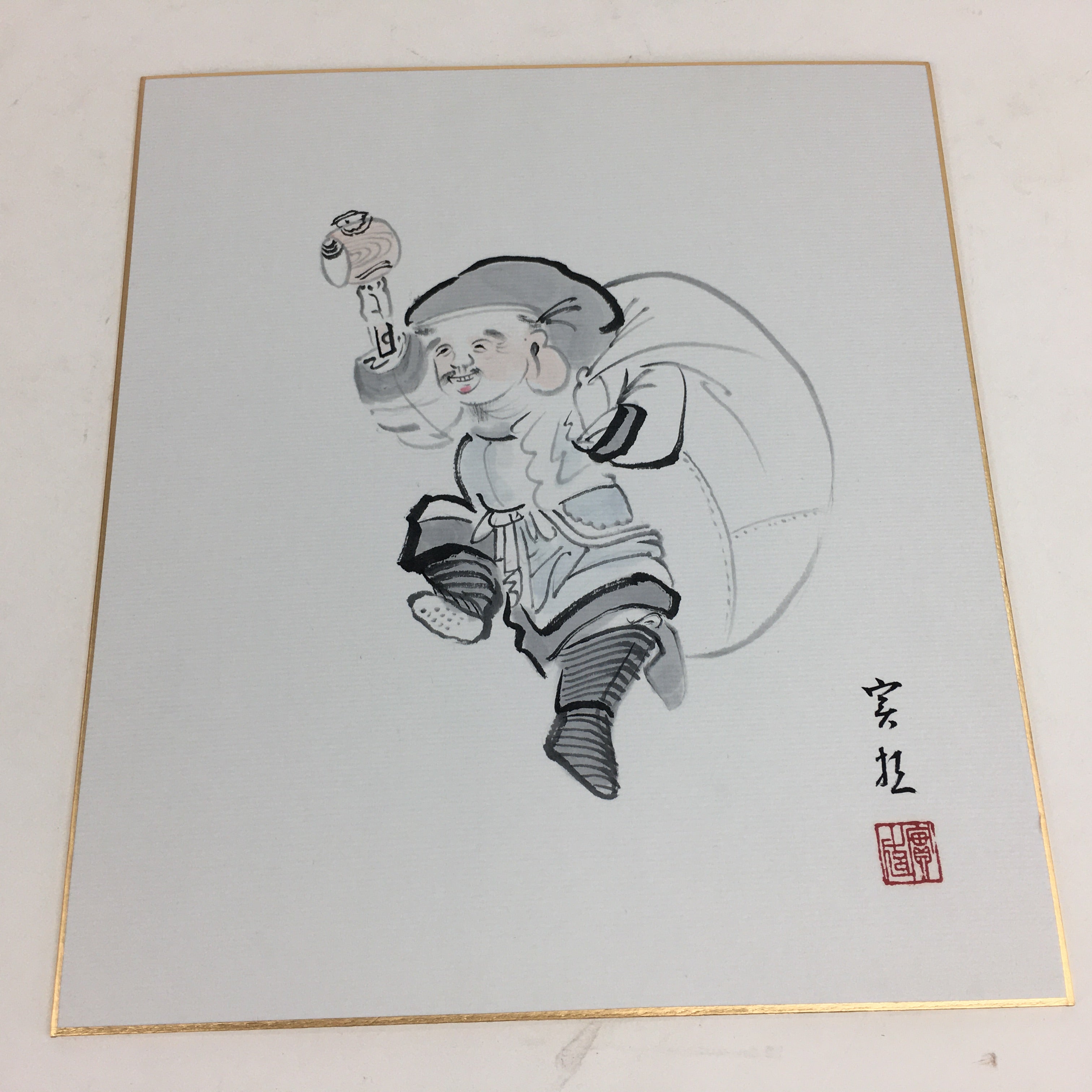 Japanese Art Board Vtg Shikishi Paper Hand Drawn Picture 7 Lucky Gods A387