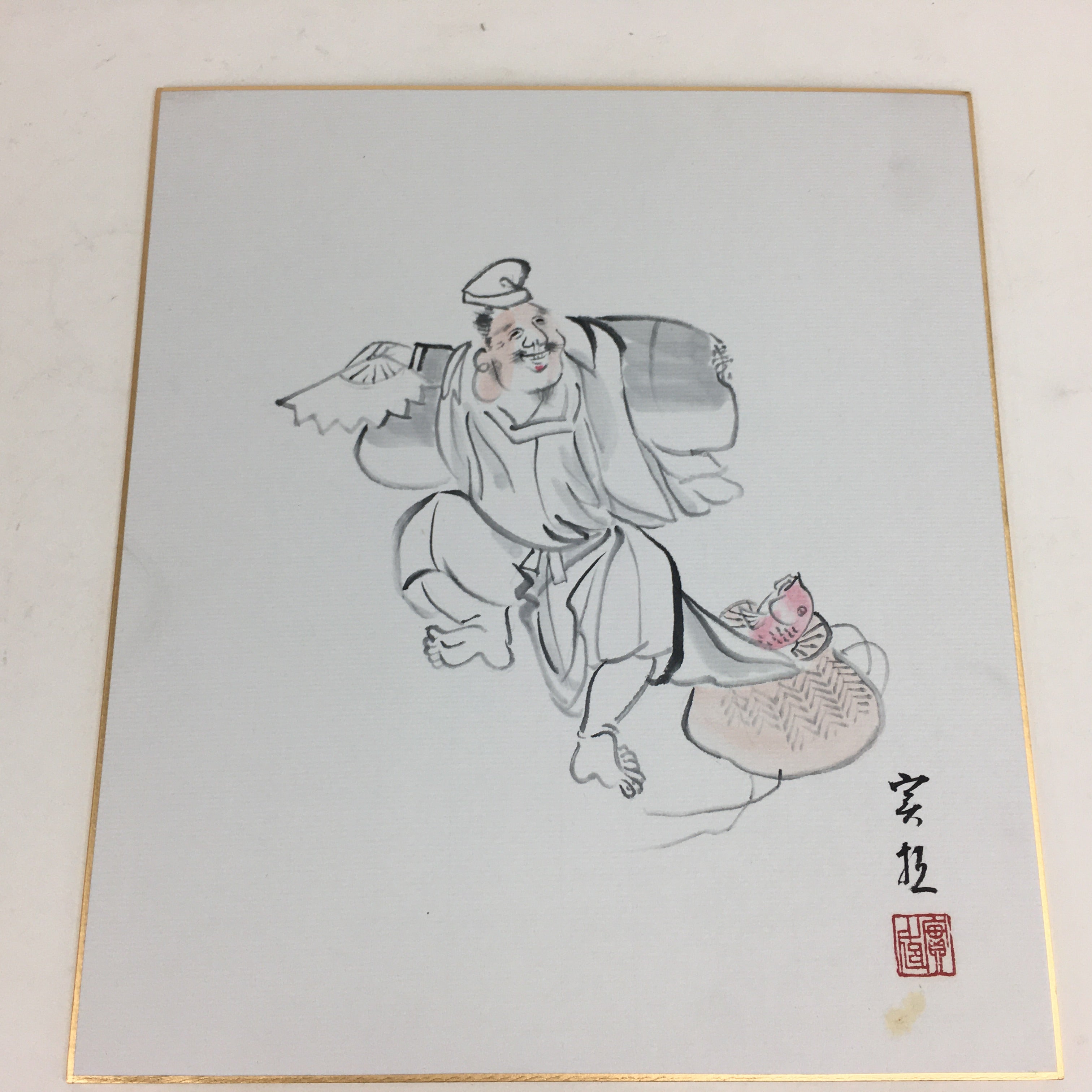Japanese Art Board Vtg Shikishi Paper Hand Drawn Picture 7 Lucky Gods A388