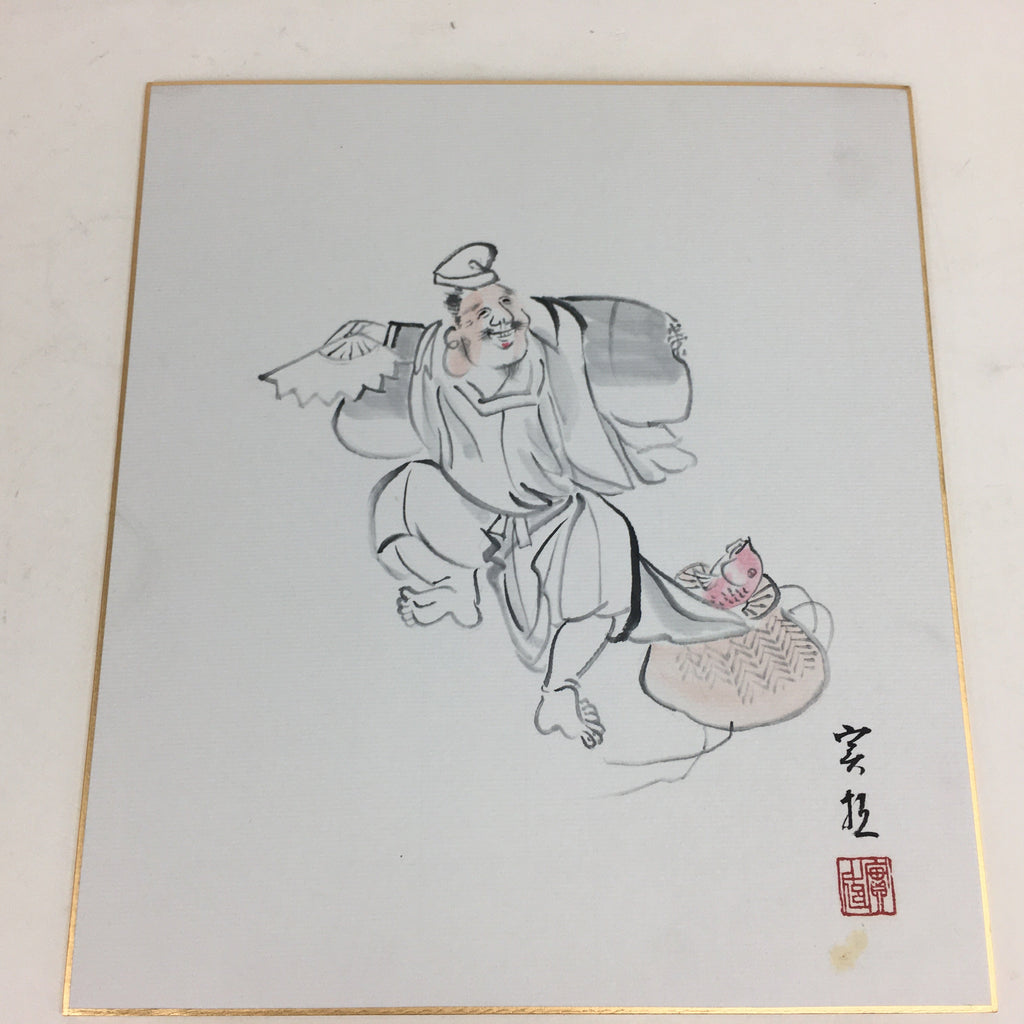 Japanese Art Board Vtg Shikishi Paper Hand Drawn Picture 7 Lucky Gods A388