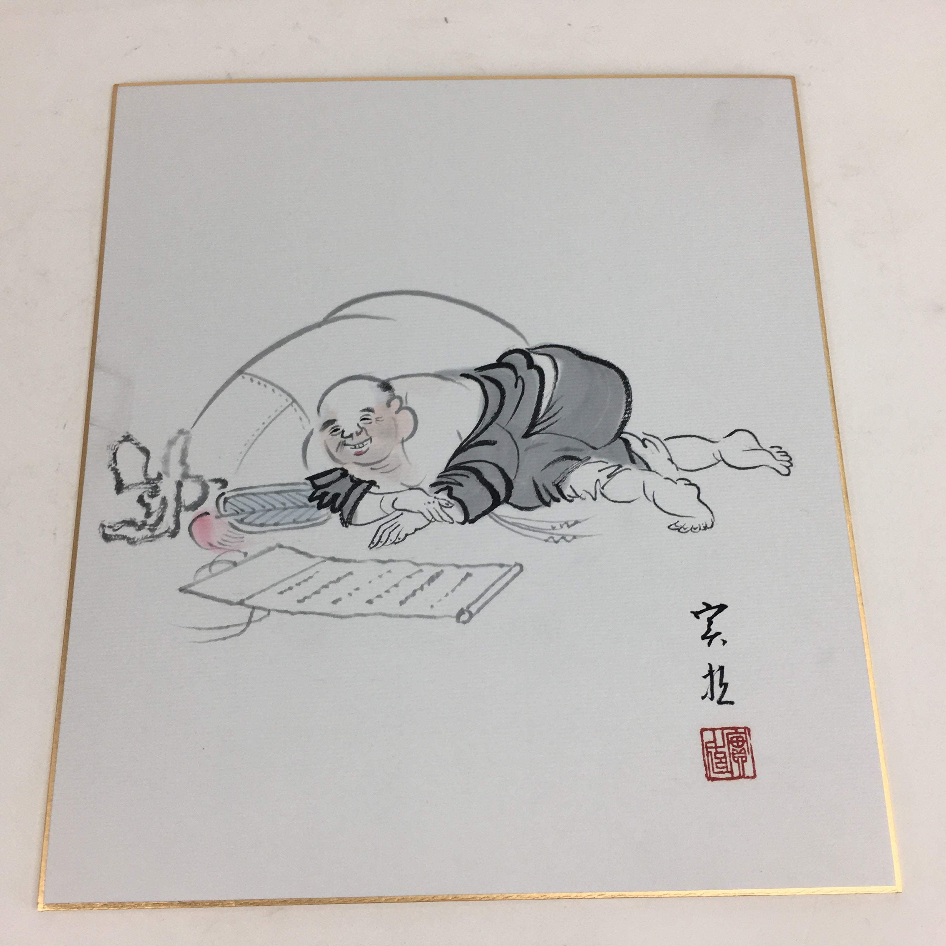 Japanese Art Board Vtg Shikishi Paper Hand Drawn Picture 7 Lucky Gods A389