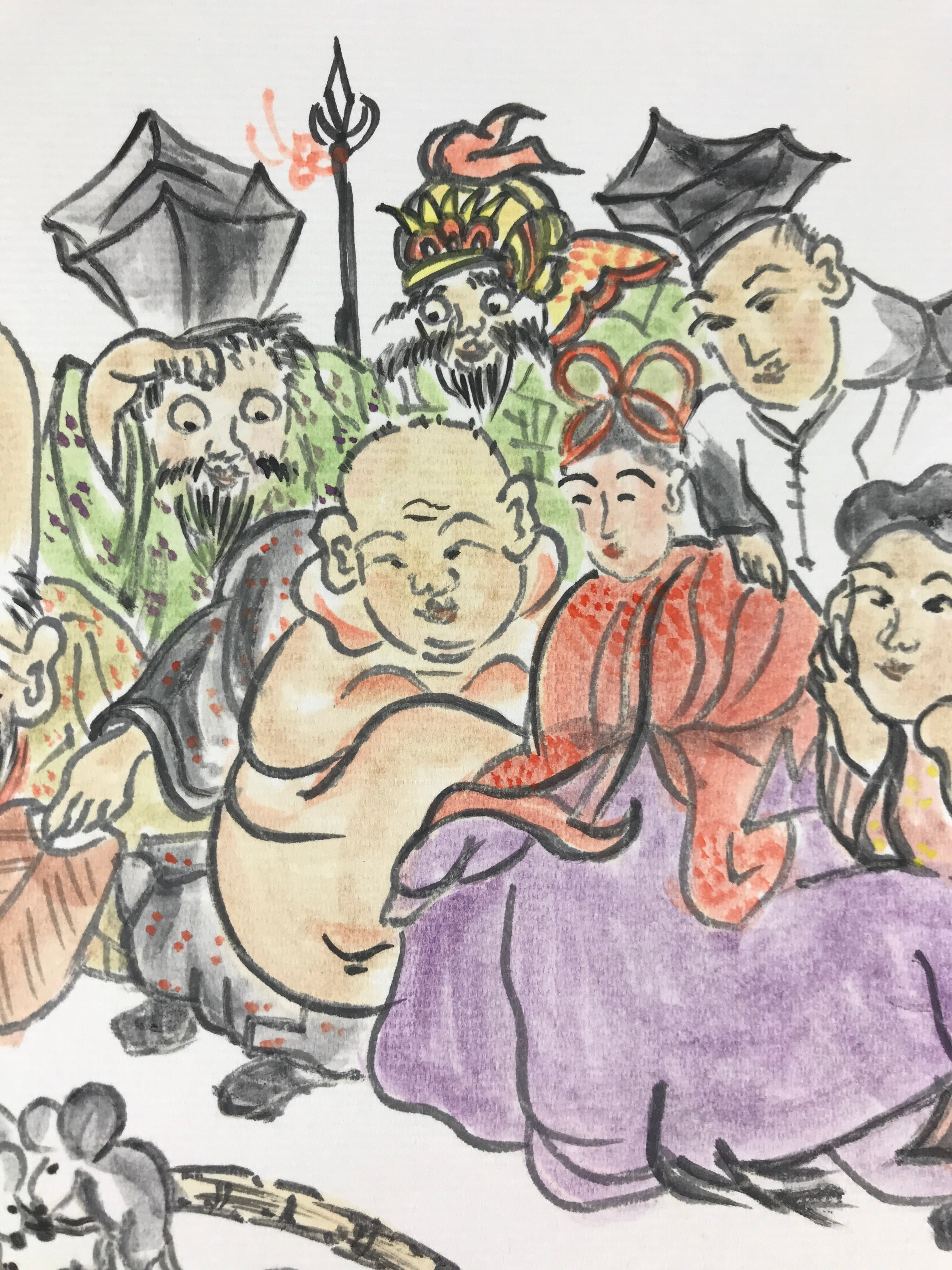 Japanese Art Board Vtg Shikishi Paper Hand Drawn Picture 7 Lucky Gods A457