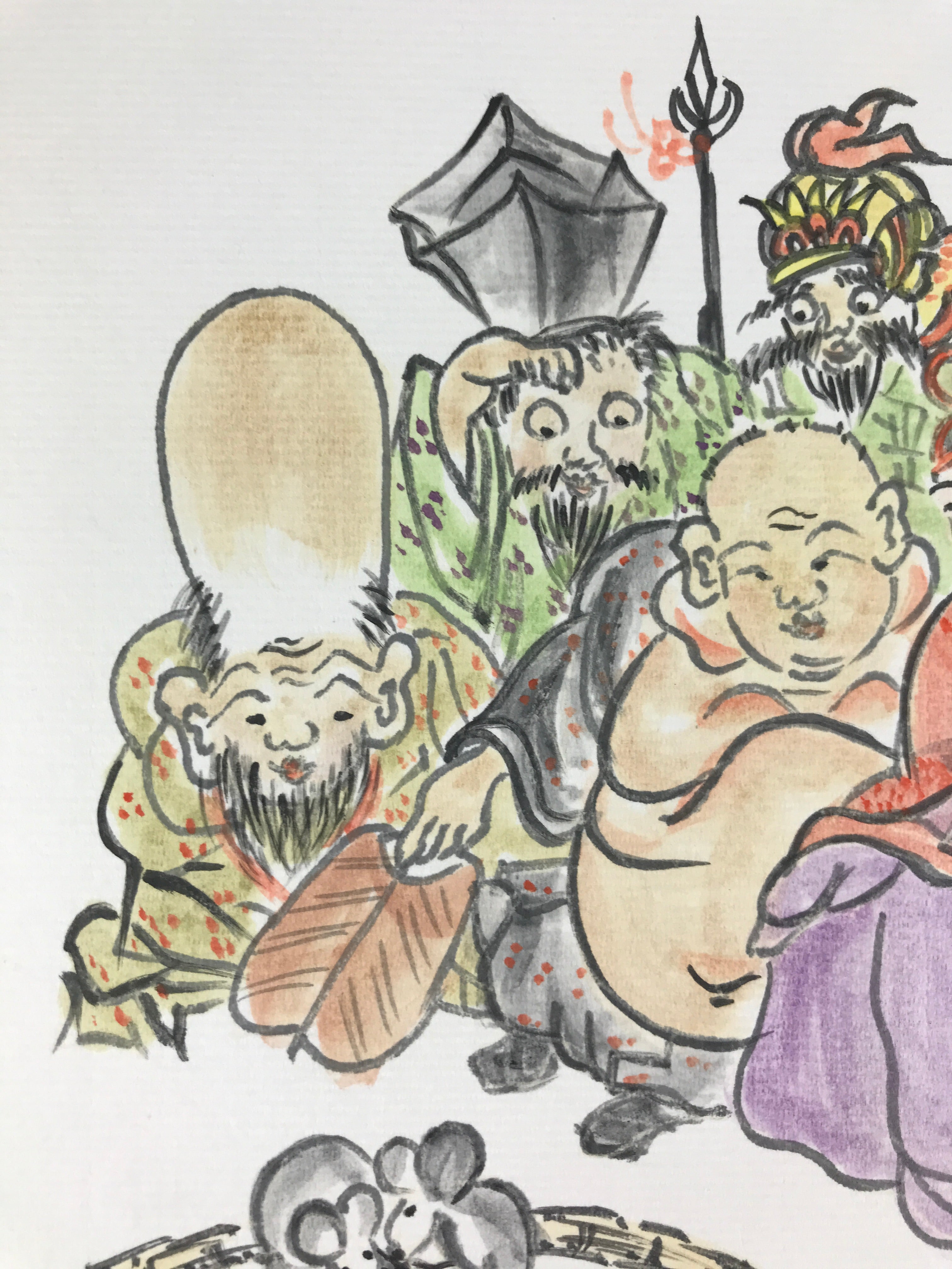 Japanese Art Board Vtg Shikishi Paper Hand Drawn Picture 7 Lucky Gods A457