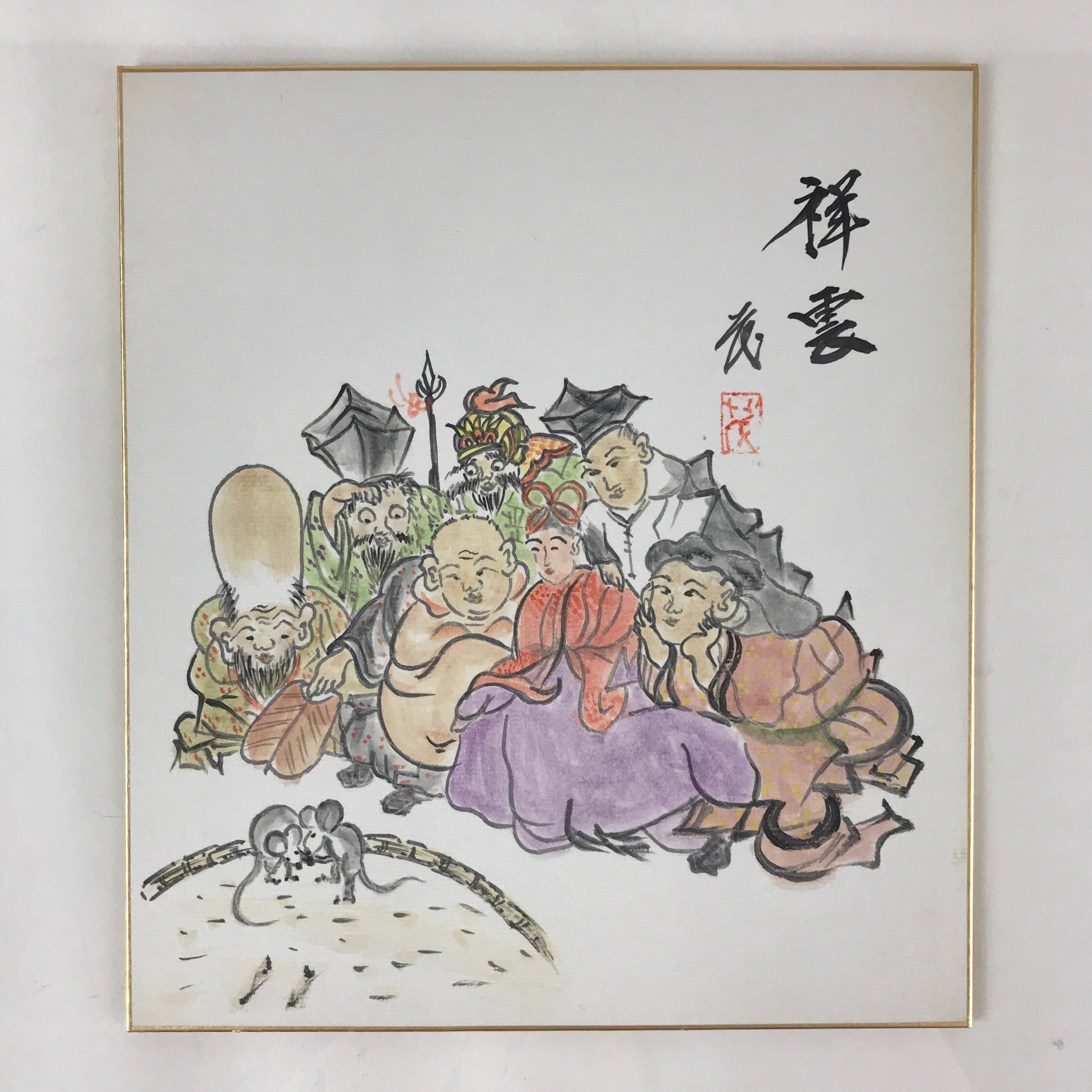 Japanese Art Board Vtg Shikishi Paper Hand Drawn Picture 7 Lucky Gods A457
