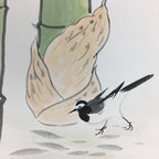 Japanese Art Board Vtg Shikishi Paper Hand Drawn Picture Bird Bamboo A360