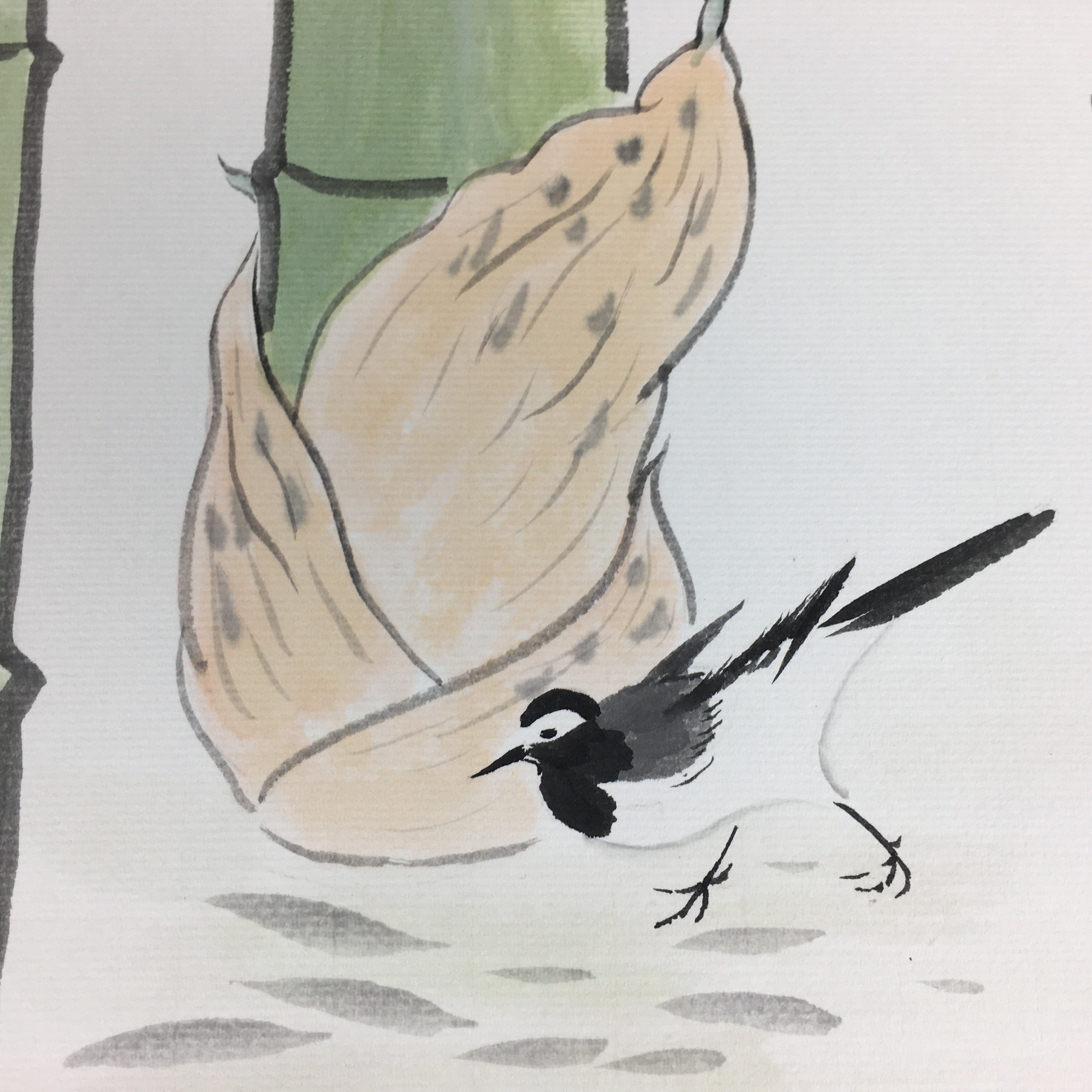 Japanese Art Board Vtg Shikishi Paper Hand Drawn Picture Bird Bamboo A360