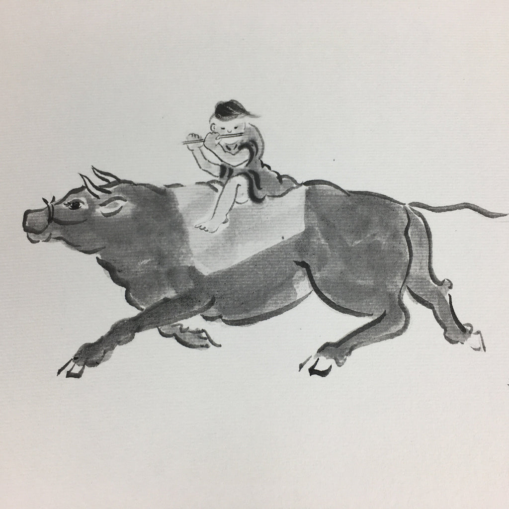 Japanese Art Board Vtg Shikishi Paper Hand Drawn Picture Black Cow Boy A391