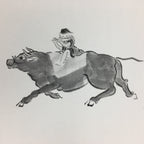 Japanese Art Board Vtg Shikishi Paper Hand Drawn Picture Black Cow Boy A391