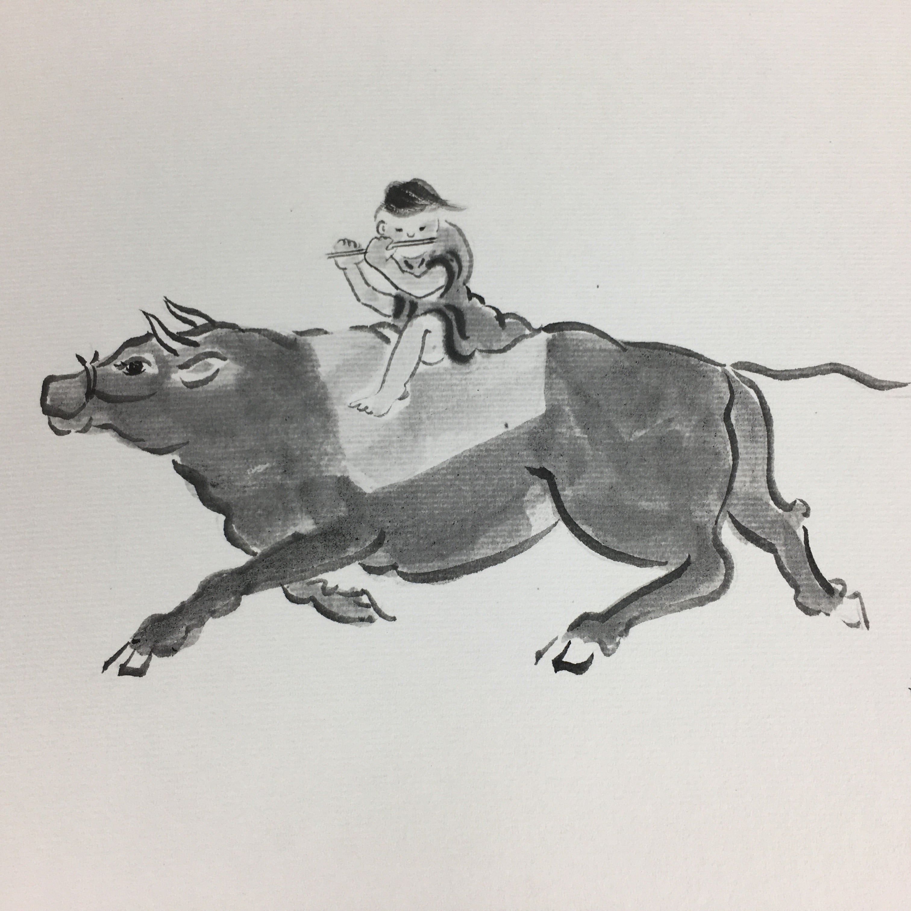 Japanese Art Board Vtg Shikishi Paper Hand Drawn Picture Black Cow Boy A391