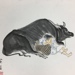 Japanese Art Board Vtg Shikishi Paper Hand Drawn Picture Black Cow Man A386
