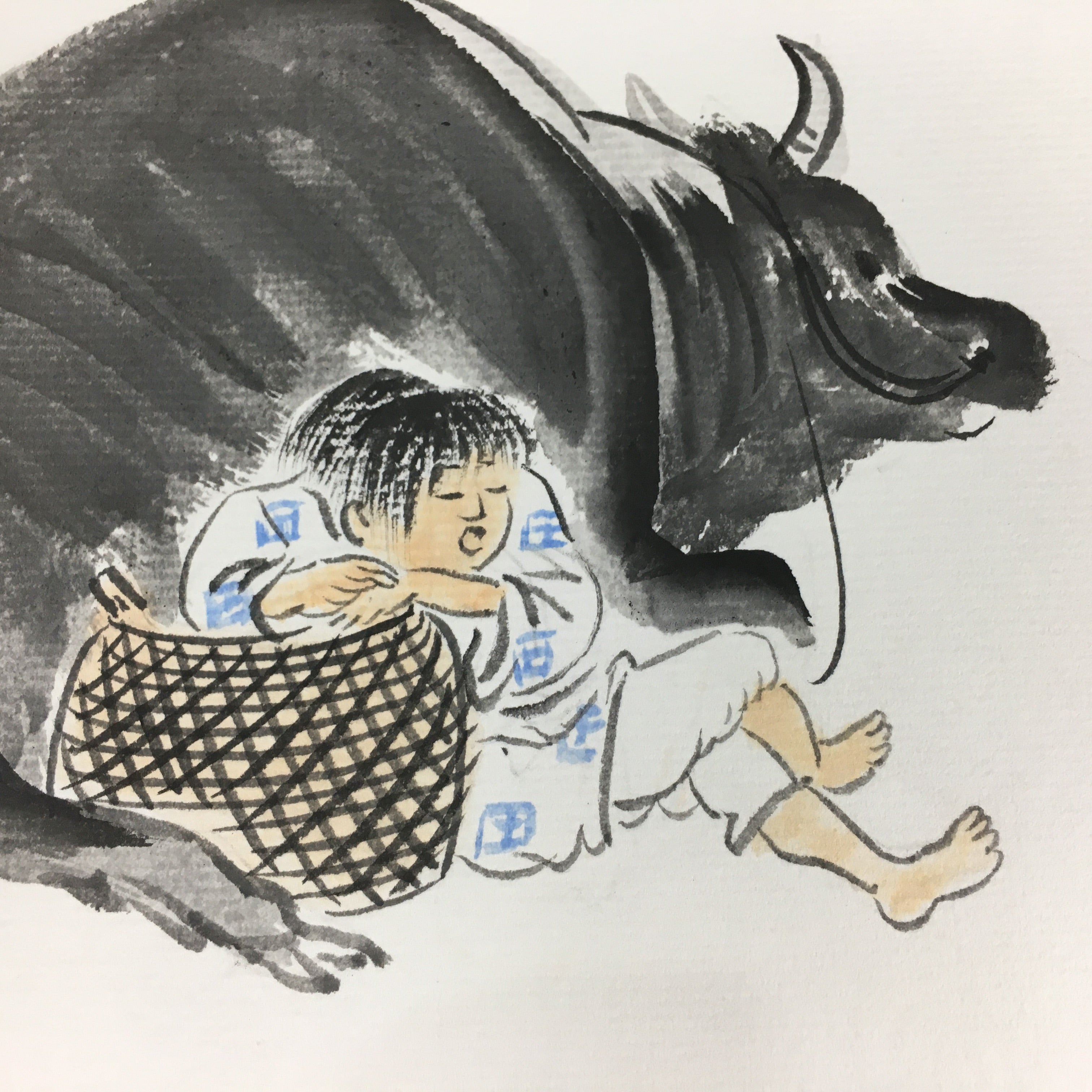 Japanese Art Board Vtg Shikishi Paper Hand Drawn Picture Black Cow Man A386